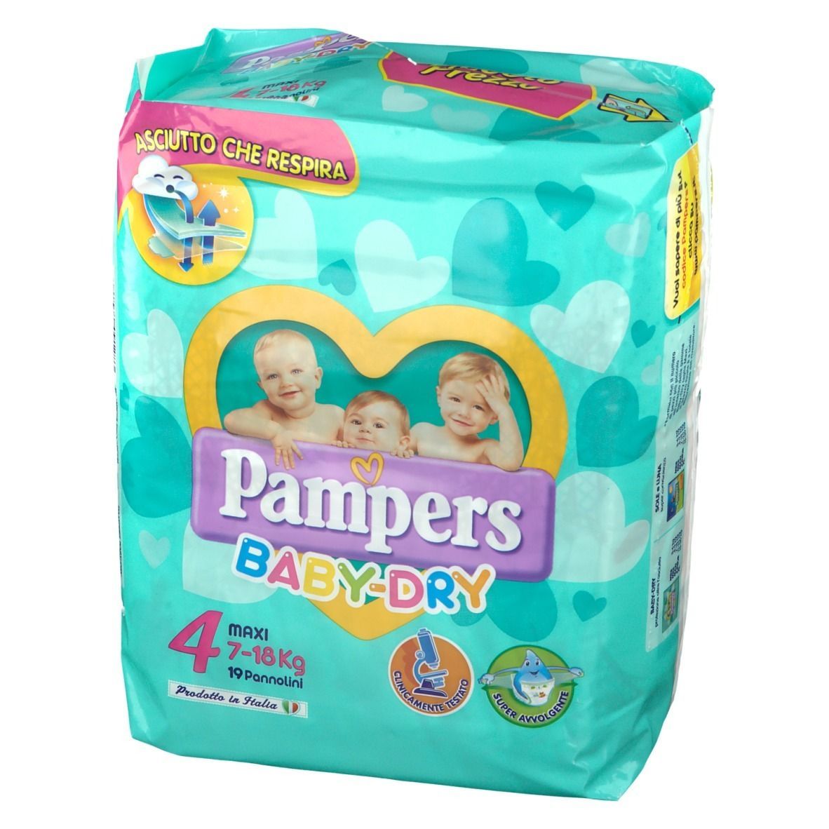 Confezione di pannolini Pampers Baby-Dry. Confezione turchese e verde con design a cuore. Informazioni e illustrazioni del prodotto sul davanti.