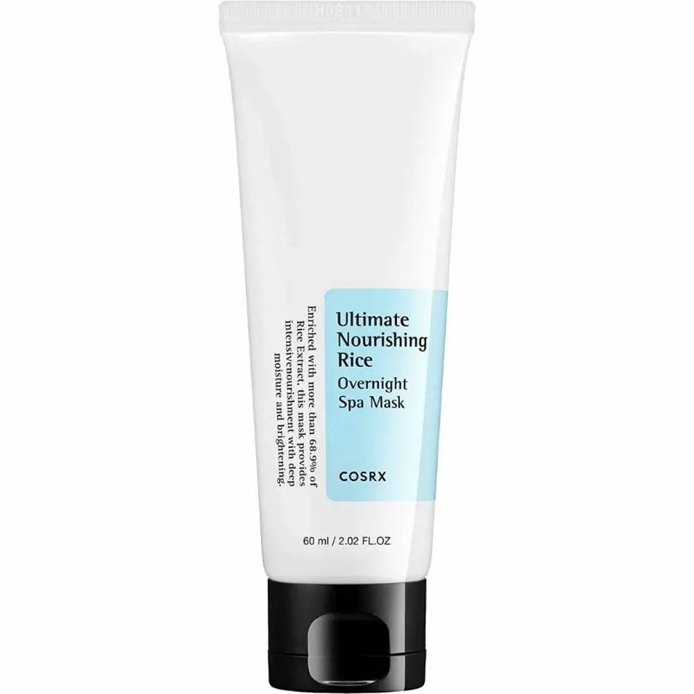 Tubo bianco con scritta: Ultimate Nourishing Rice Overnight Spa Mask. Marchio: COSRX. Su sfondo bianco.