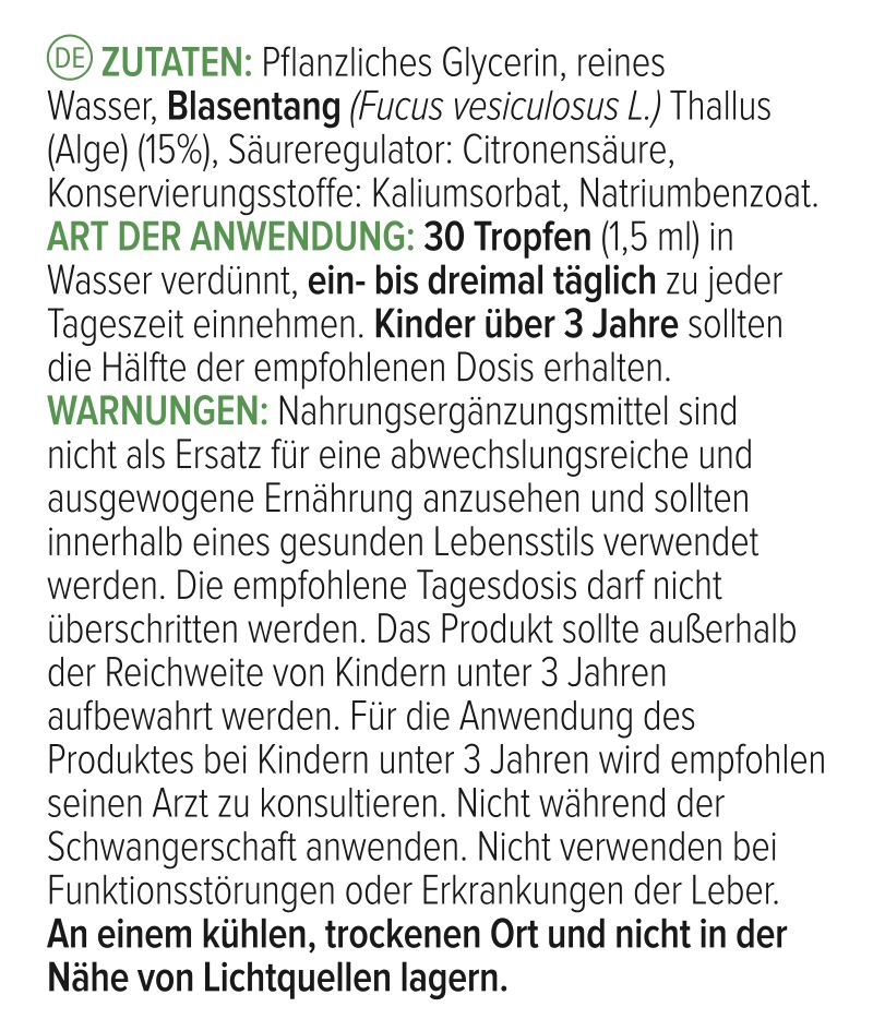 Testo su sfondo bianco. Ingredienti, istruzioni per l'uso e avvertenze per un integratore alimentare.