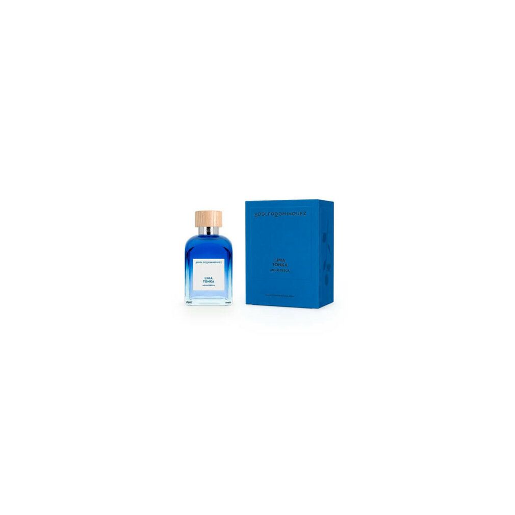 Flacone di profumo blu con tappo in legno e confezione blu. Scritta: Agua Fresca Lima Tonka Eau de Toilette.