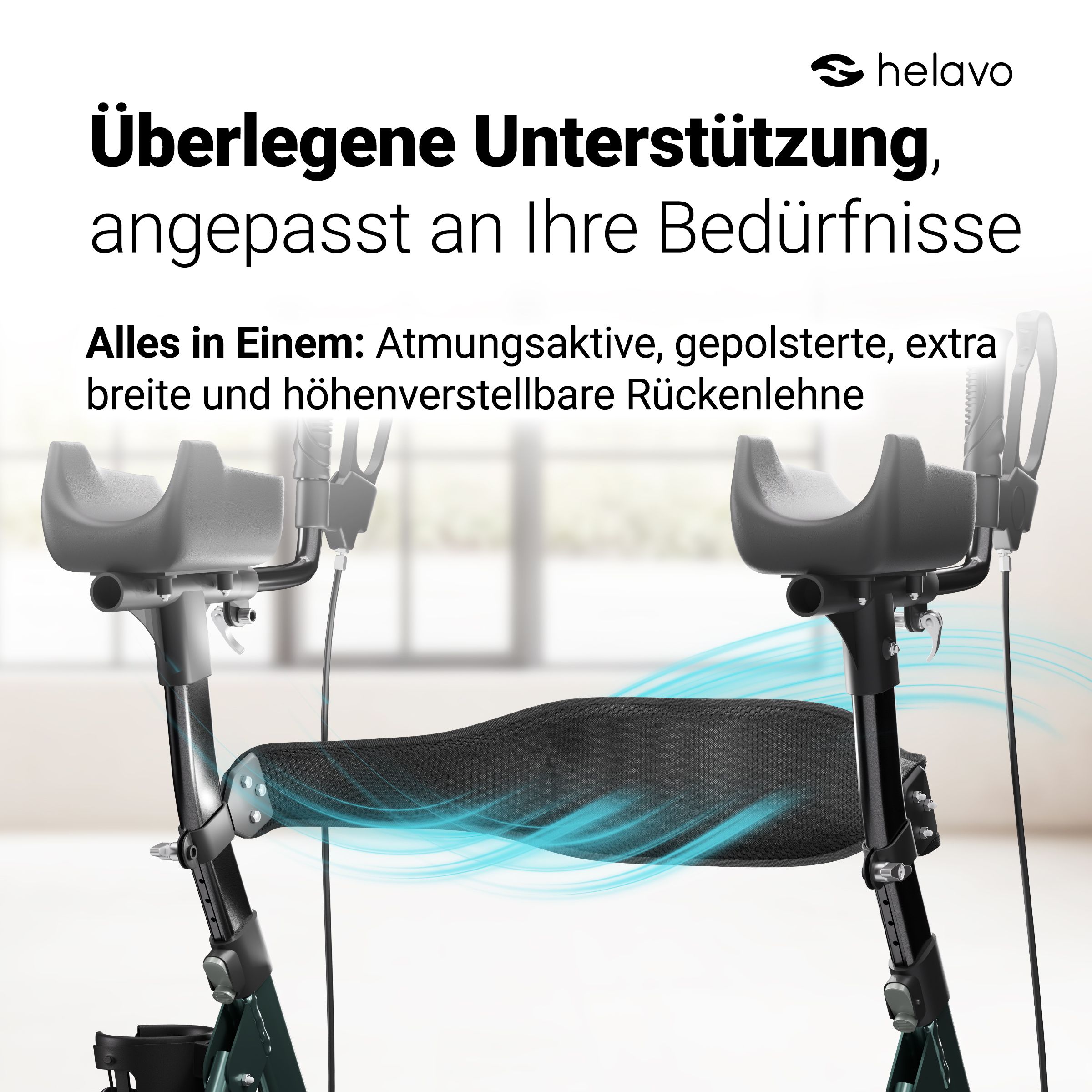 Rollator con schienale traspirante e regolabile.