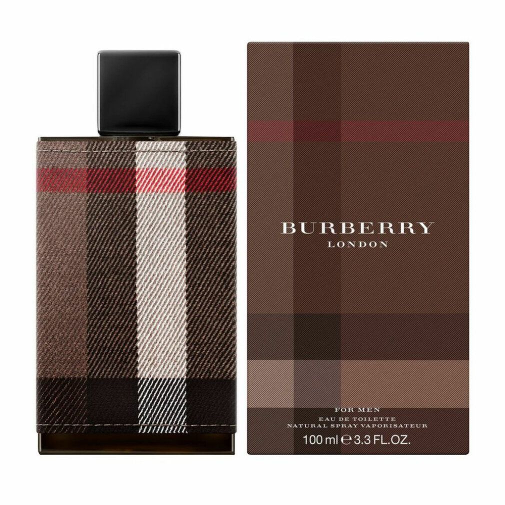 Flacone con tappo nero e confezione. Confezione con logo Burberry London e motivo a quadri. Testo: Eau de Toilette.