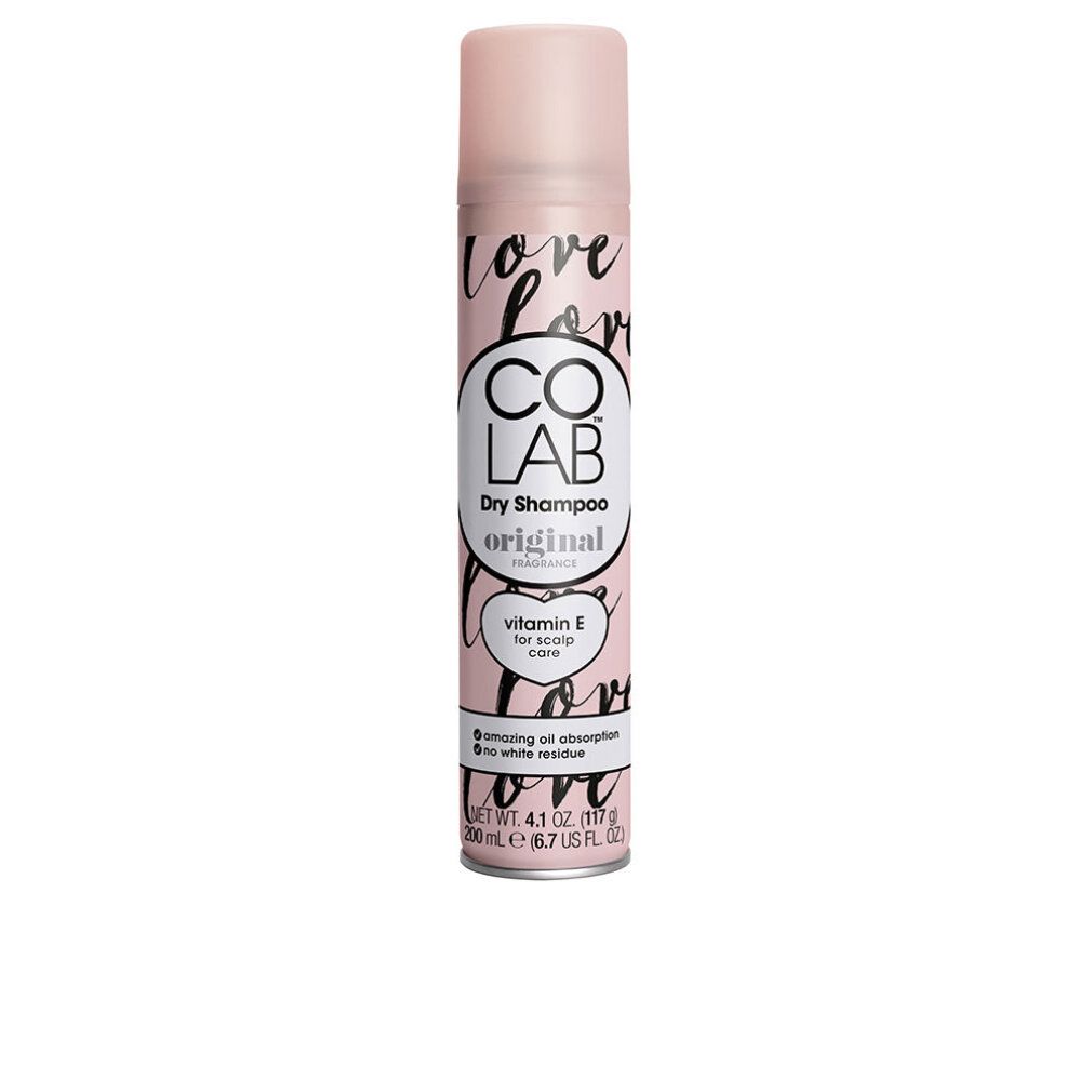 Colab Dry Shampoo Original. Flacone rosa con tappo rosa. Scritte "Love" e informazioni sul prodotto.
