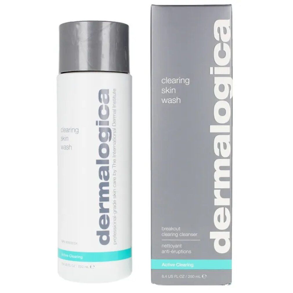 Flacone e scatola. Flacone: clearing skin wash, Dermalogica. Scatola: clearing skin wash, breakout clearing cleanser, Active Clearing.