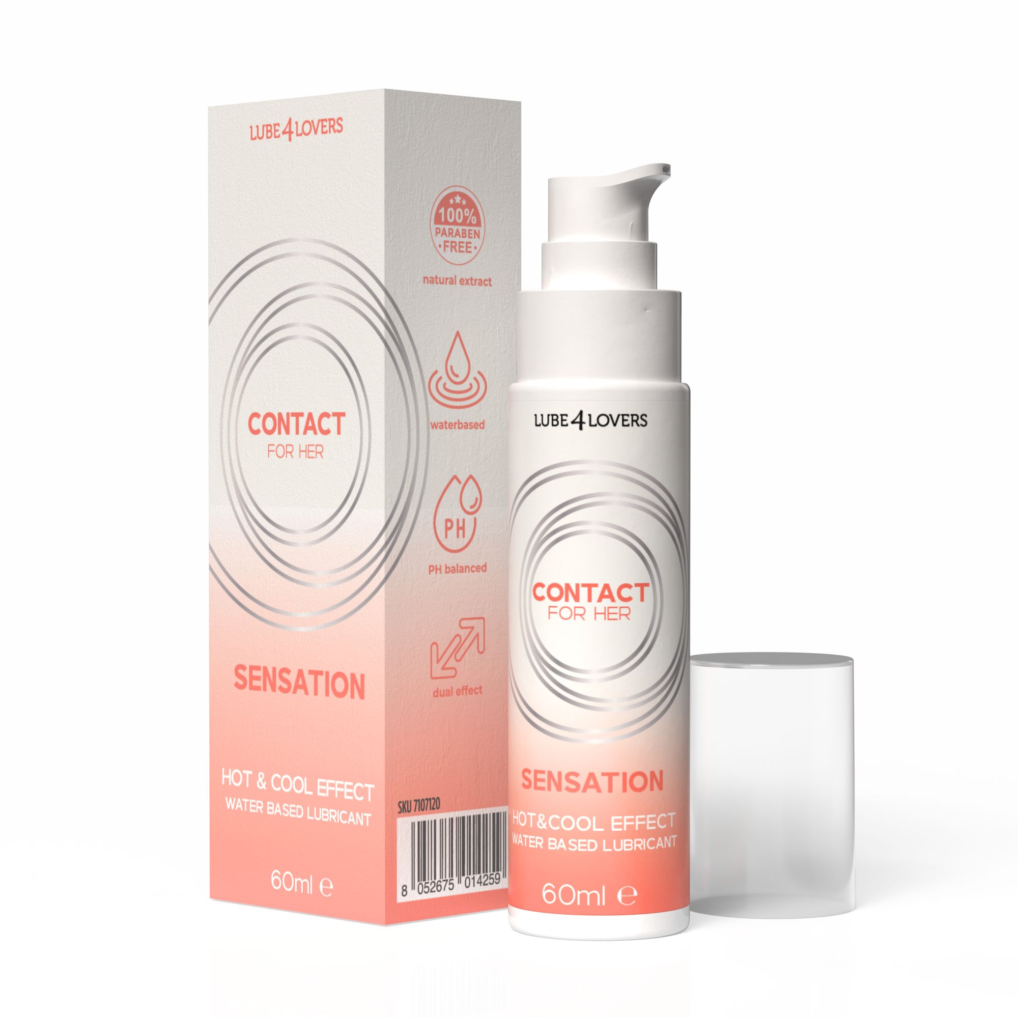 Flacone bianco-rosa con dosatore, scatola e tappo. Scritta: CONTACT FOR HER, SENSATION, HOT & COOL EFFECT, 60ml.