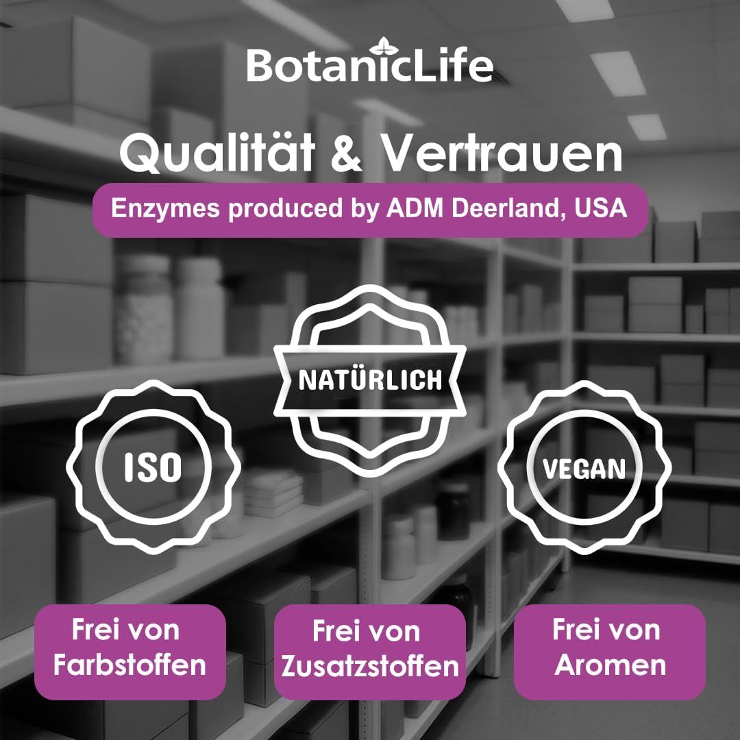 Scaffale con prodotti. Testo: BotanicLife, Qualità & Fiducia, ISO, Vegano, Senza coloranti, additivi, aromi.