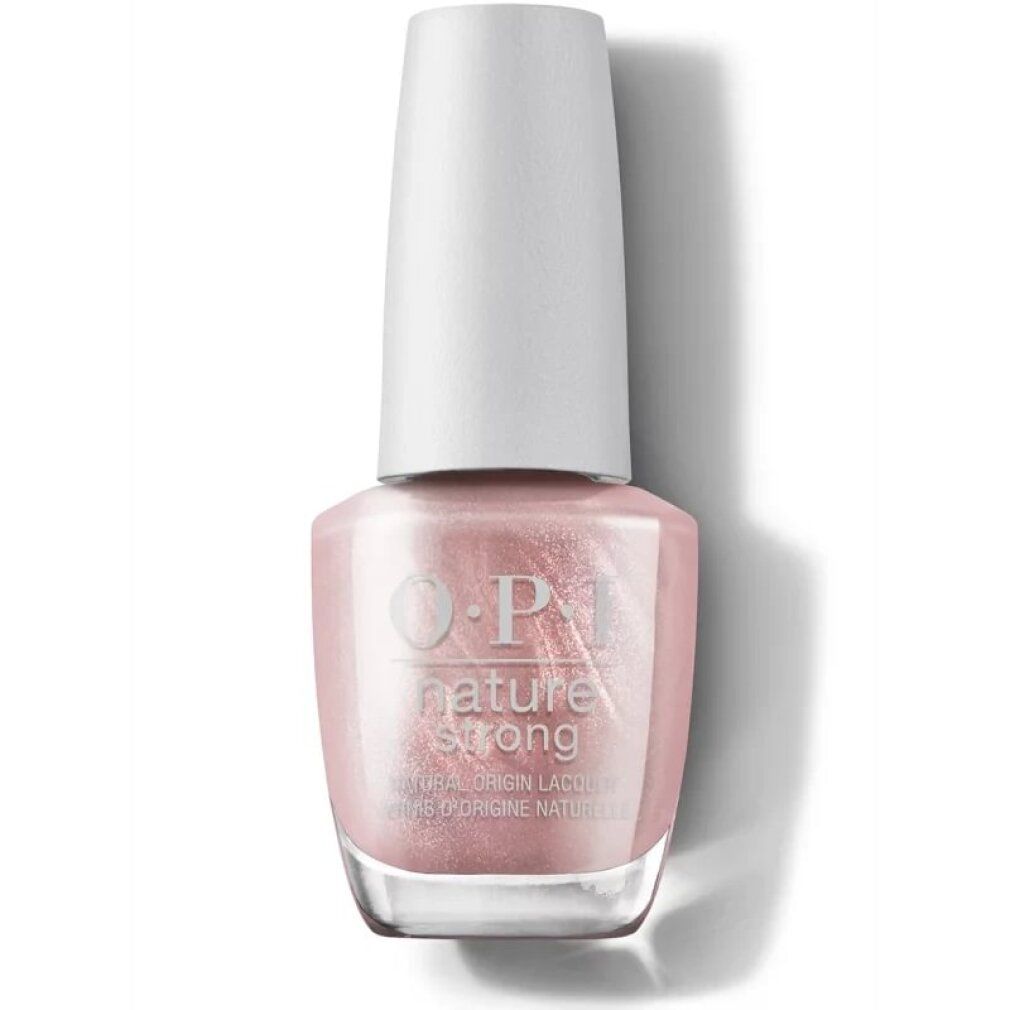 Flacone di smalto con tappo bianco. Smalto rosa dorato. Logo OPI Nature Strong.