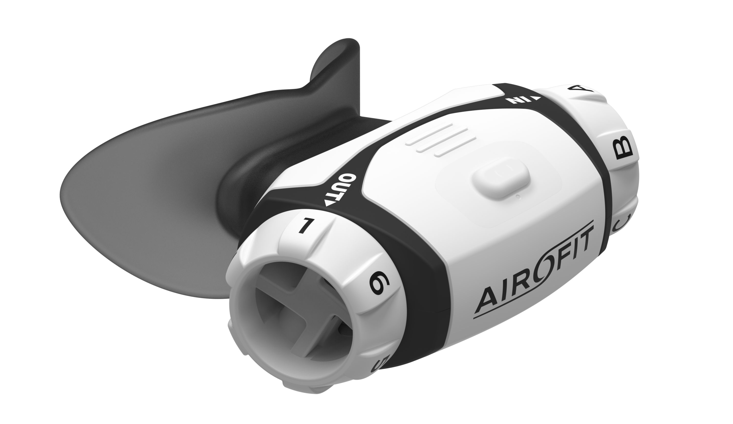 Allenatore respiratorio bianco e nero. Manopola con numeri. Boccaglio con supporto labiale.