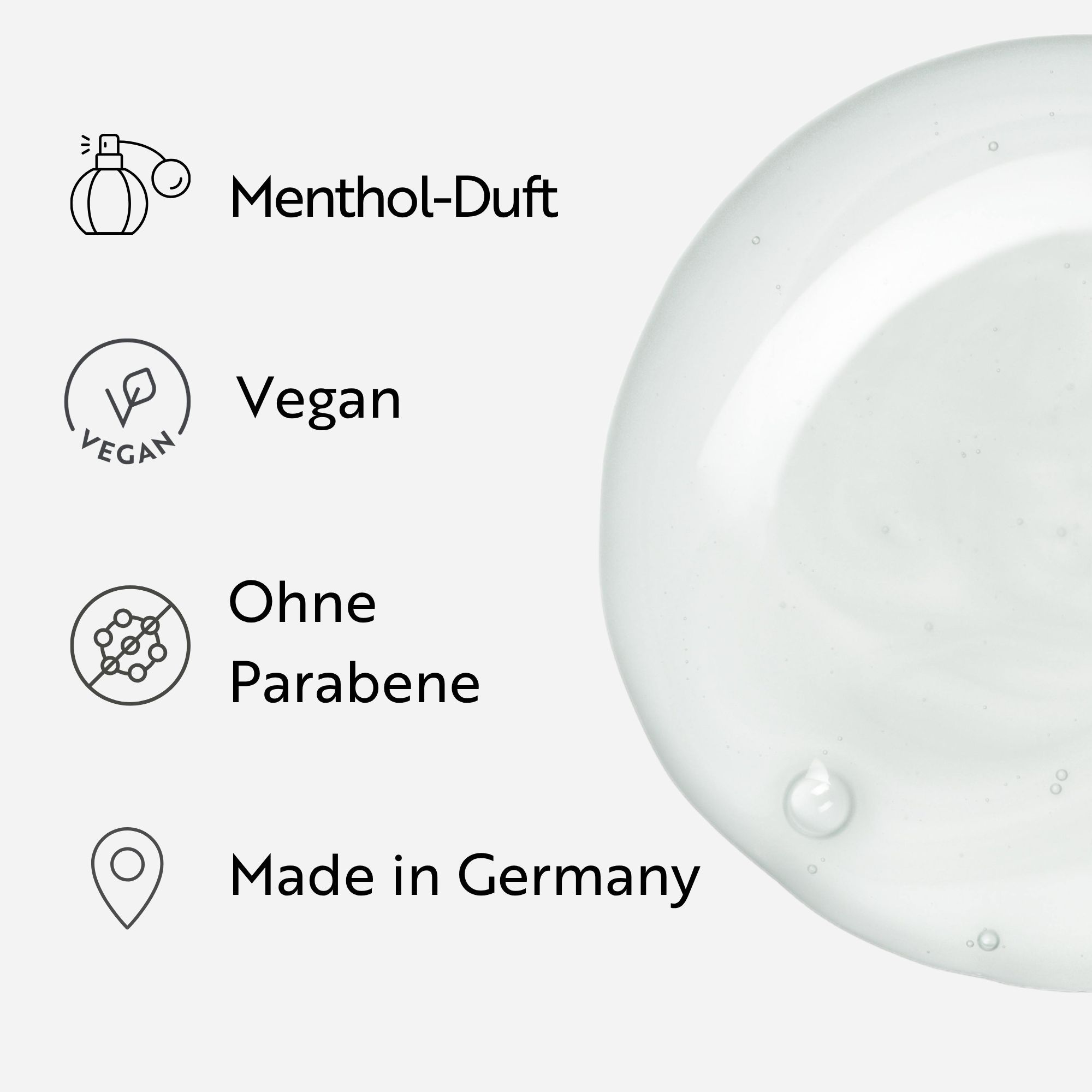 Simboli e testo. Profumo di mentolo, Vegano, Senza parabeni, Made in Germany. Goccia di liquido sullo sfondo.