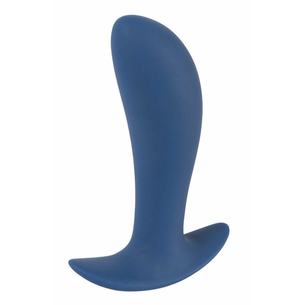 Plug anale blu in silicone. Forma curva, base ampia.