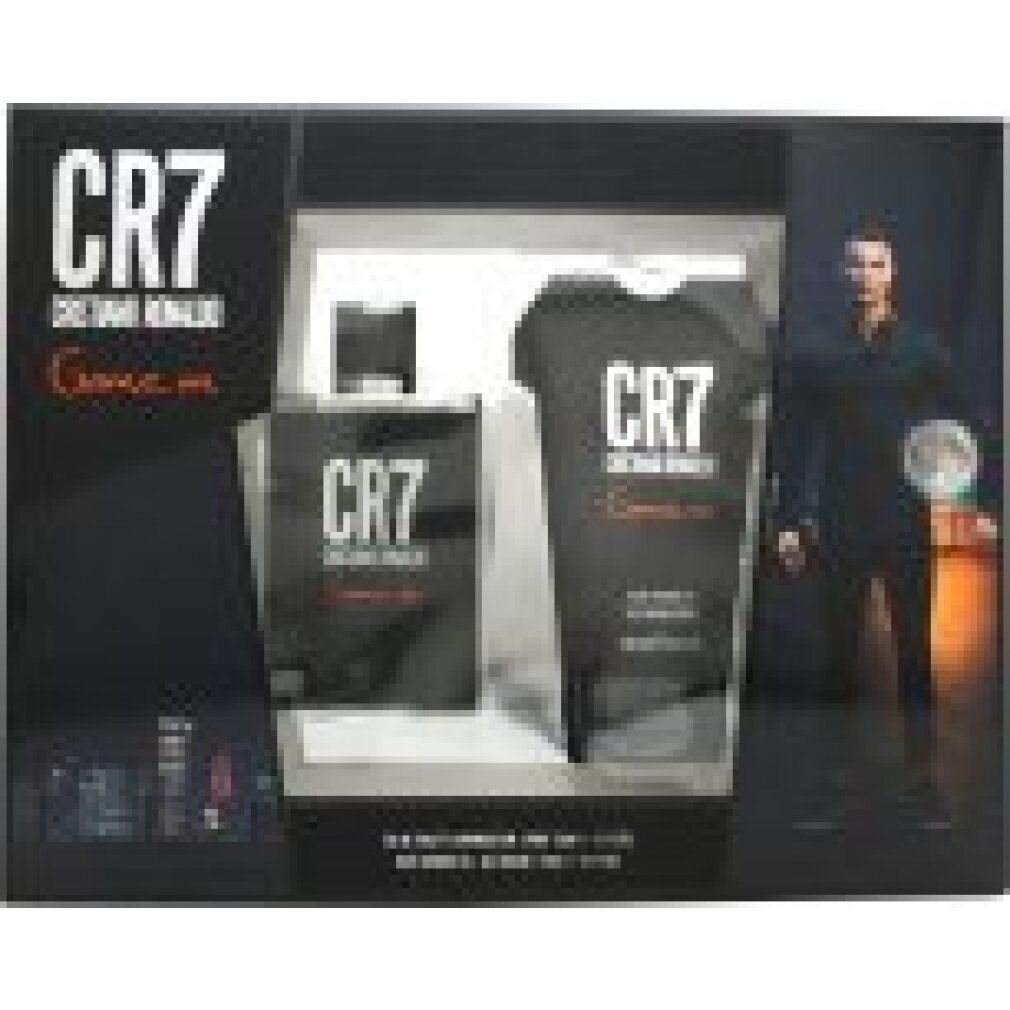 Set regalo CR7 con flacone e t-shirt. Confezione nera con immagine di Cristiano Ronaldo.