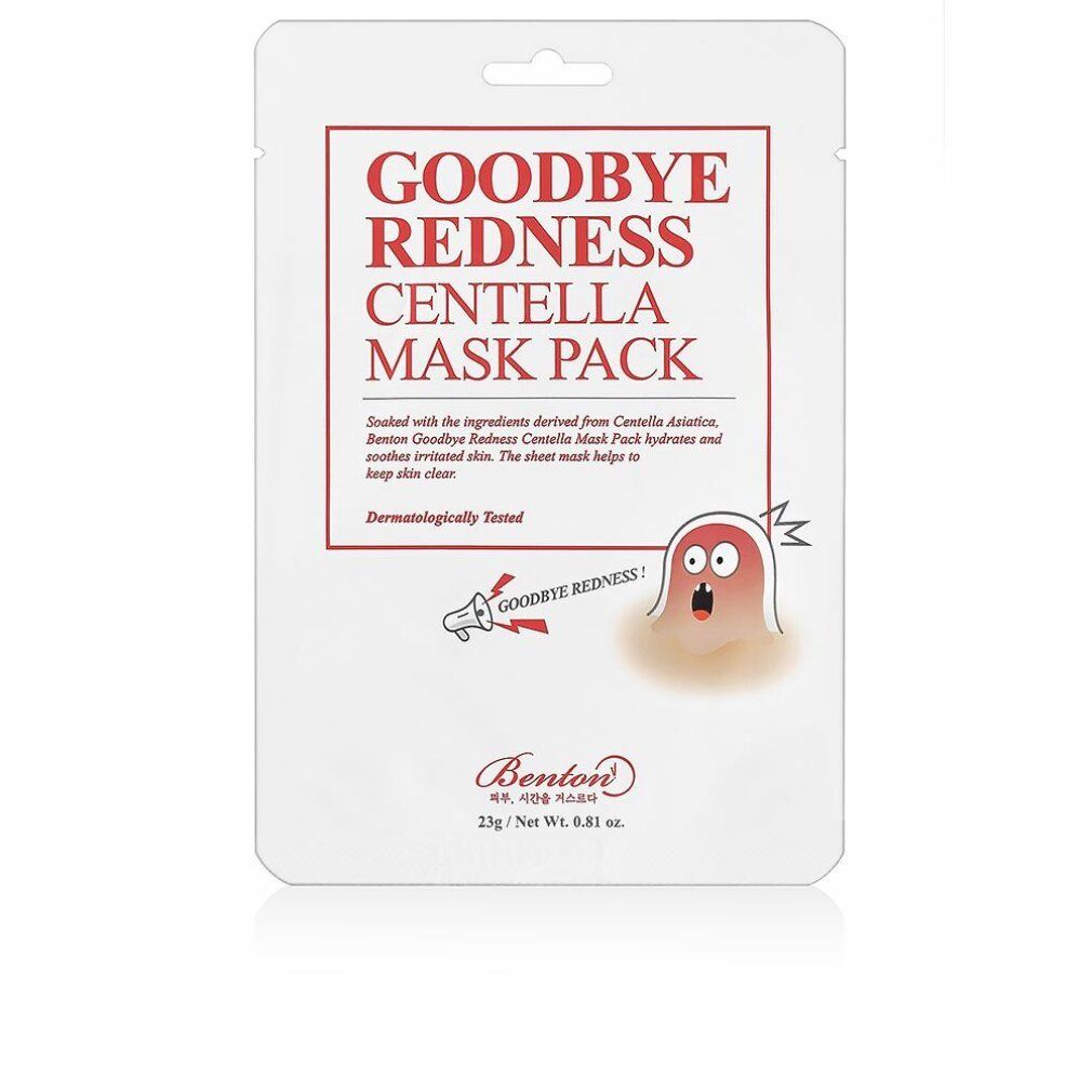 Confezione bianca con testo rosso: Goodbye Redness Centella Mask Pack. Illustrazione e logo.