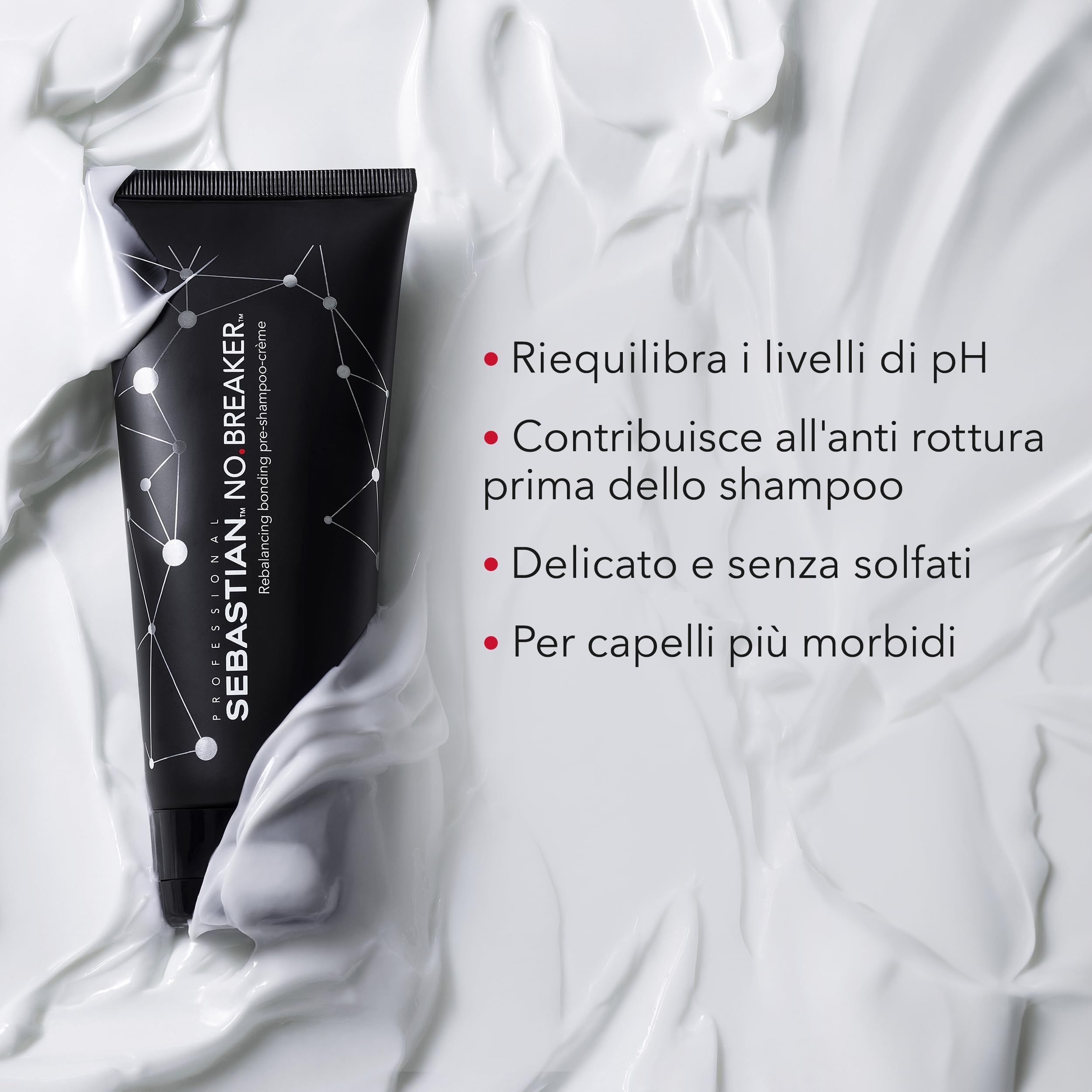 Tubo nero su sfondo bianco. Testo: SEBASTIAN. NO BREAKER. Rebalancing bonding pre-shampoo crème. Caratteristiche del prodotto.