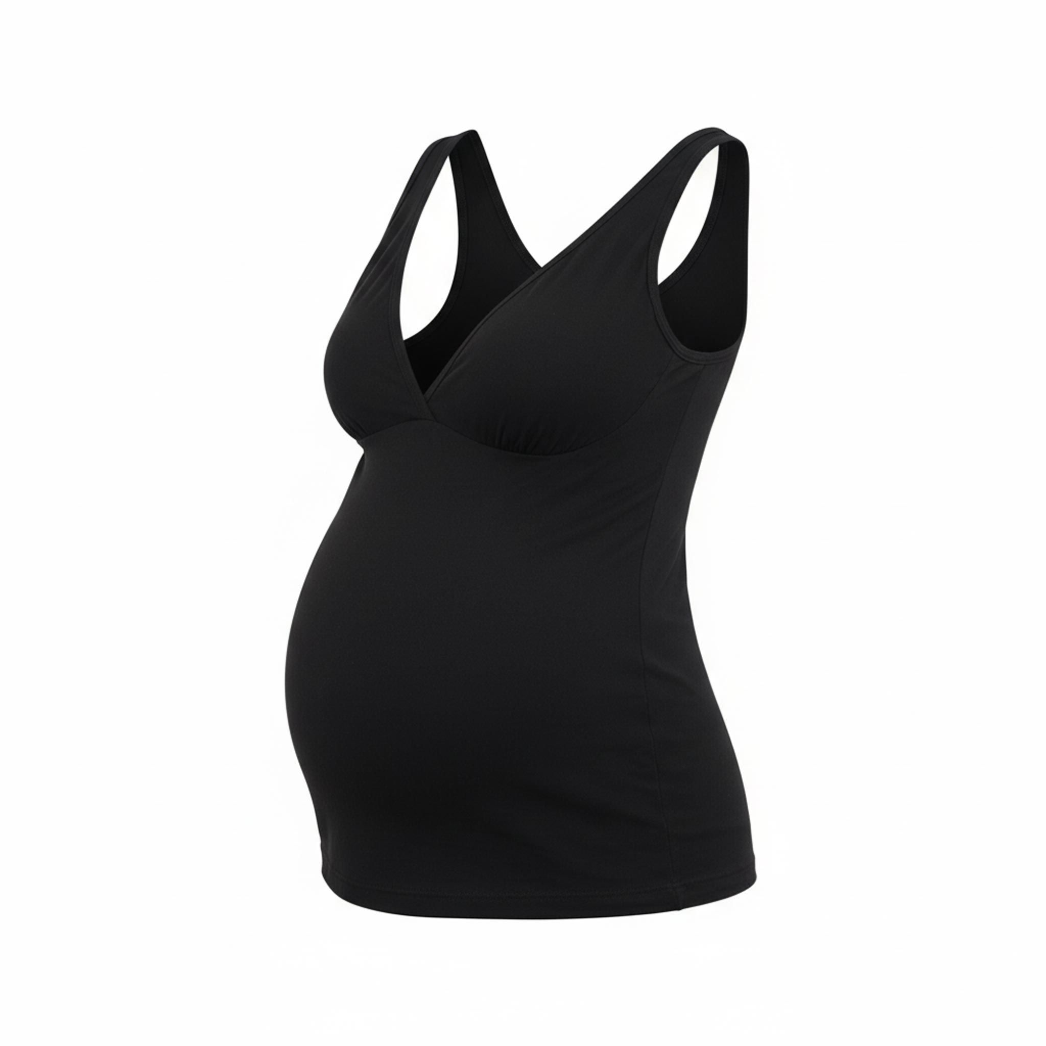 Top allattamento nero in bambù, scollo a V. Vista laterale, evidenzia la pancia.