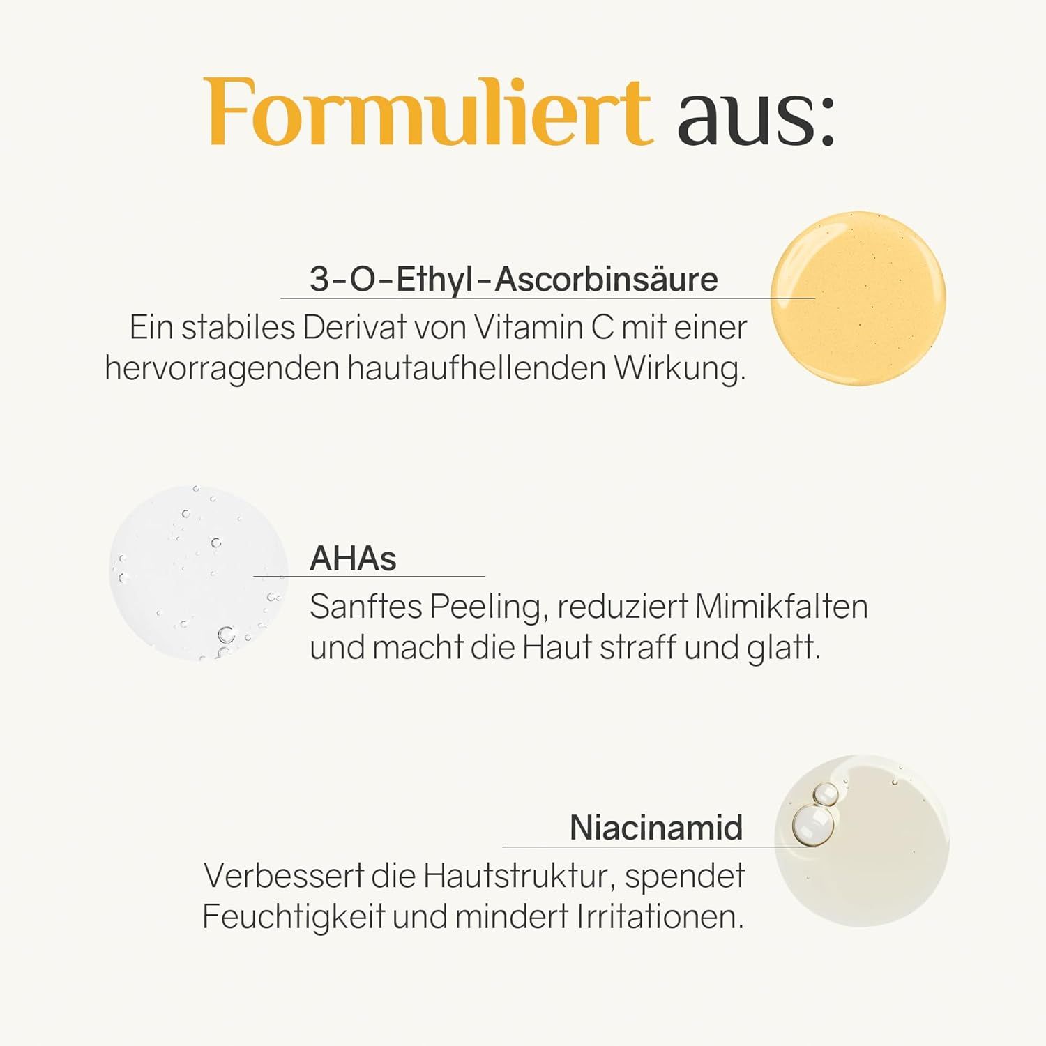 Testo con ingredienti: 3-O-etil-acido ascorbico, AHA, niacinamide. Gocce di liquido giallo ed elementi rotondi.