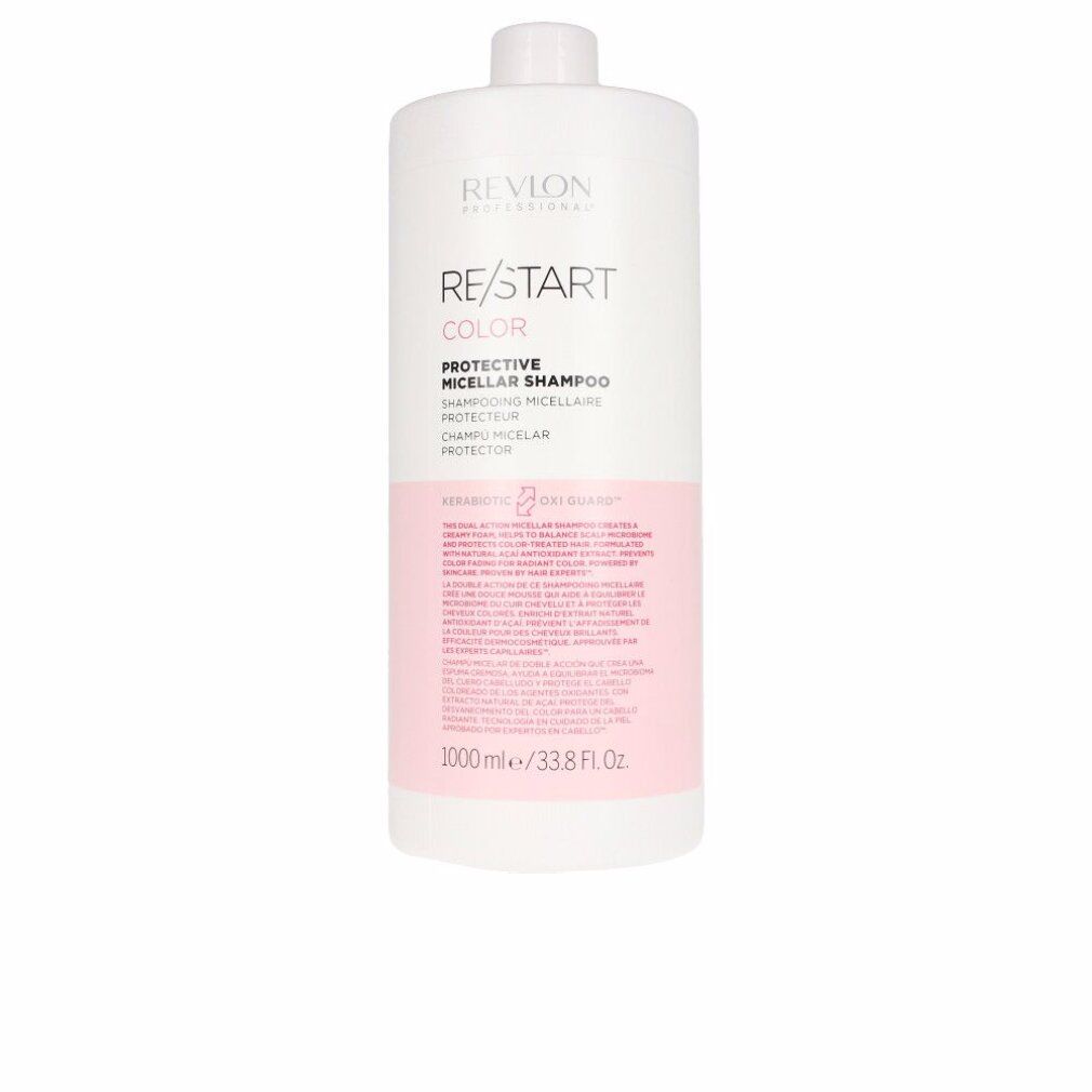 Flacone di shampoo bianco con etichetta rosa. Scritta: Revlon Re-Start Color Protective Micellar Shampoo. 1000ml/33.8 fl oz.