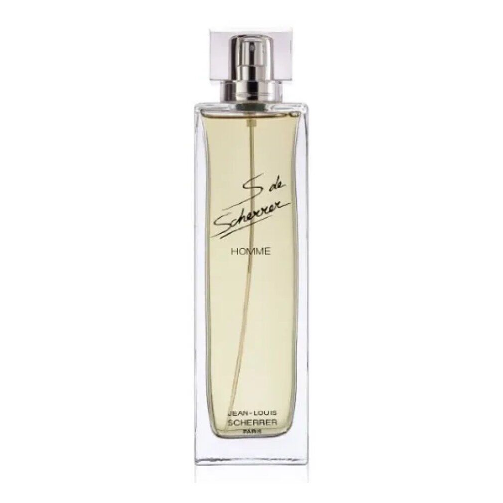 Flacone rettangolare in vetro con vaporizzatore argentato. Scritta: S de Scherrer, Homme, Jean-Louis Scherrer, Paris.