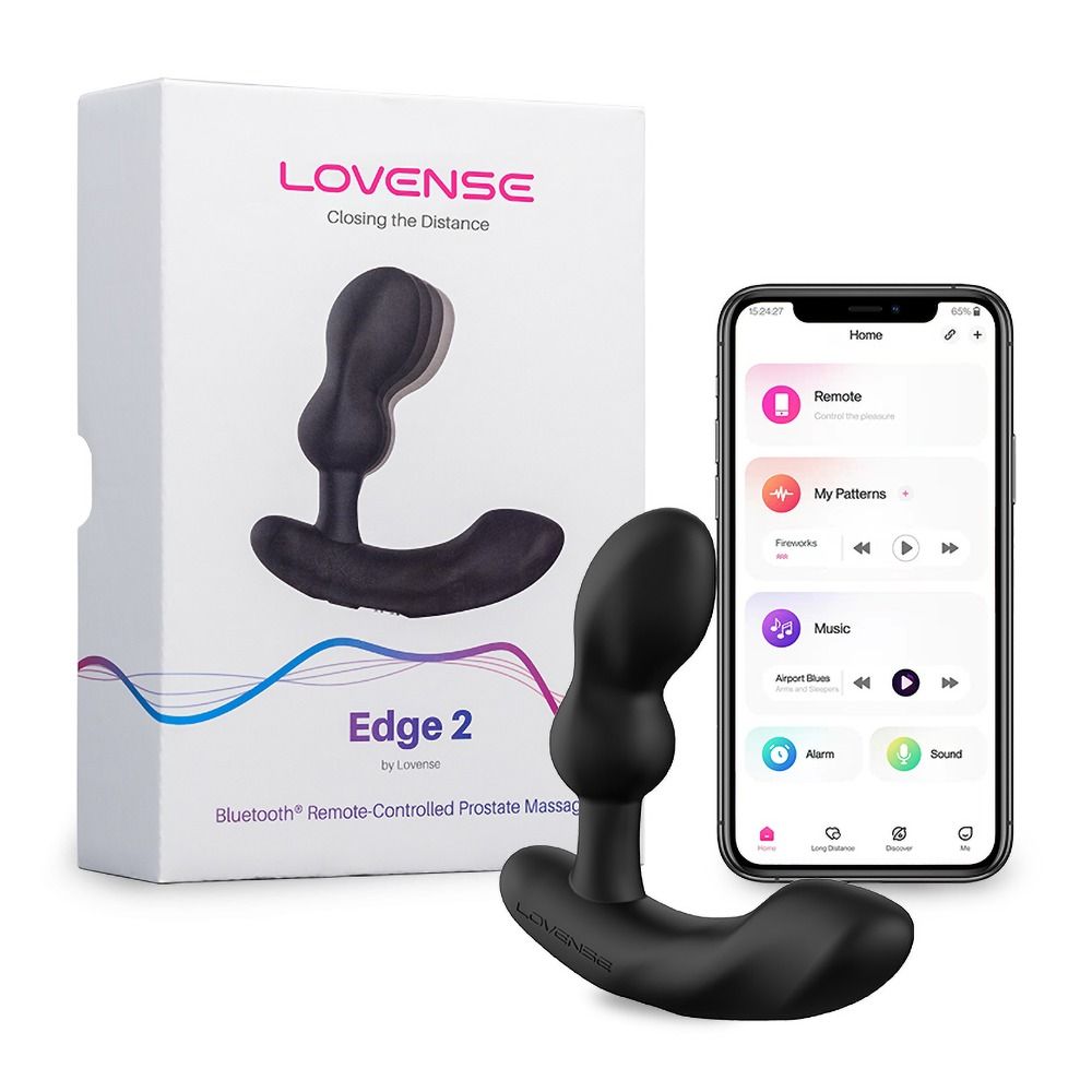 Massaggiatore prostatico, confezione e smartphone con interfaccia dell'app. Marchio: Lovense.