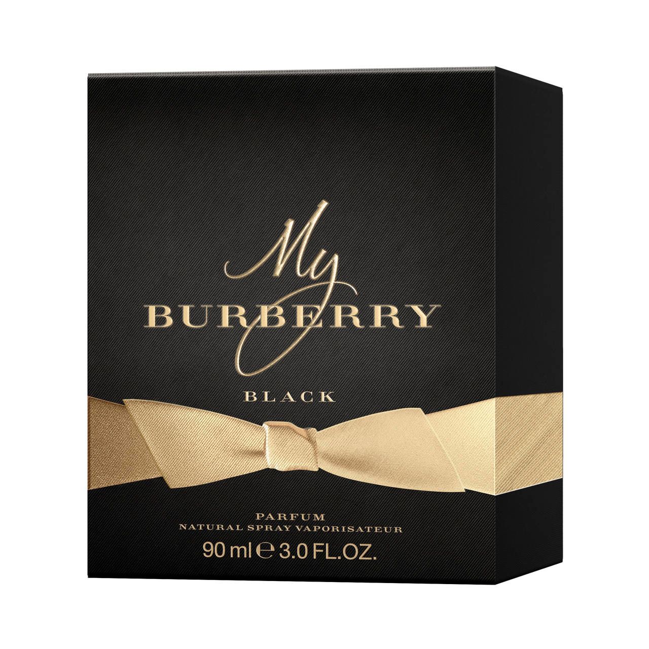 Confezione nera di Burberry My Burberry Black E.d.P. Nat. Spray. Scritta e fiocco dorati.