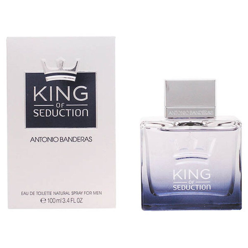 Spray Eau de Toilette con confezione. Flacone e scatola con scritta King of Seduction. Marchio: Antonio Banderas.