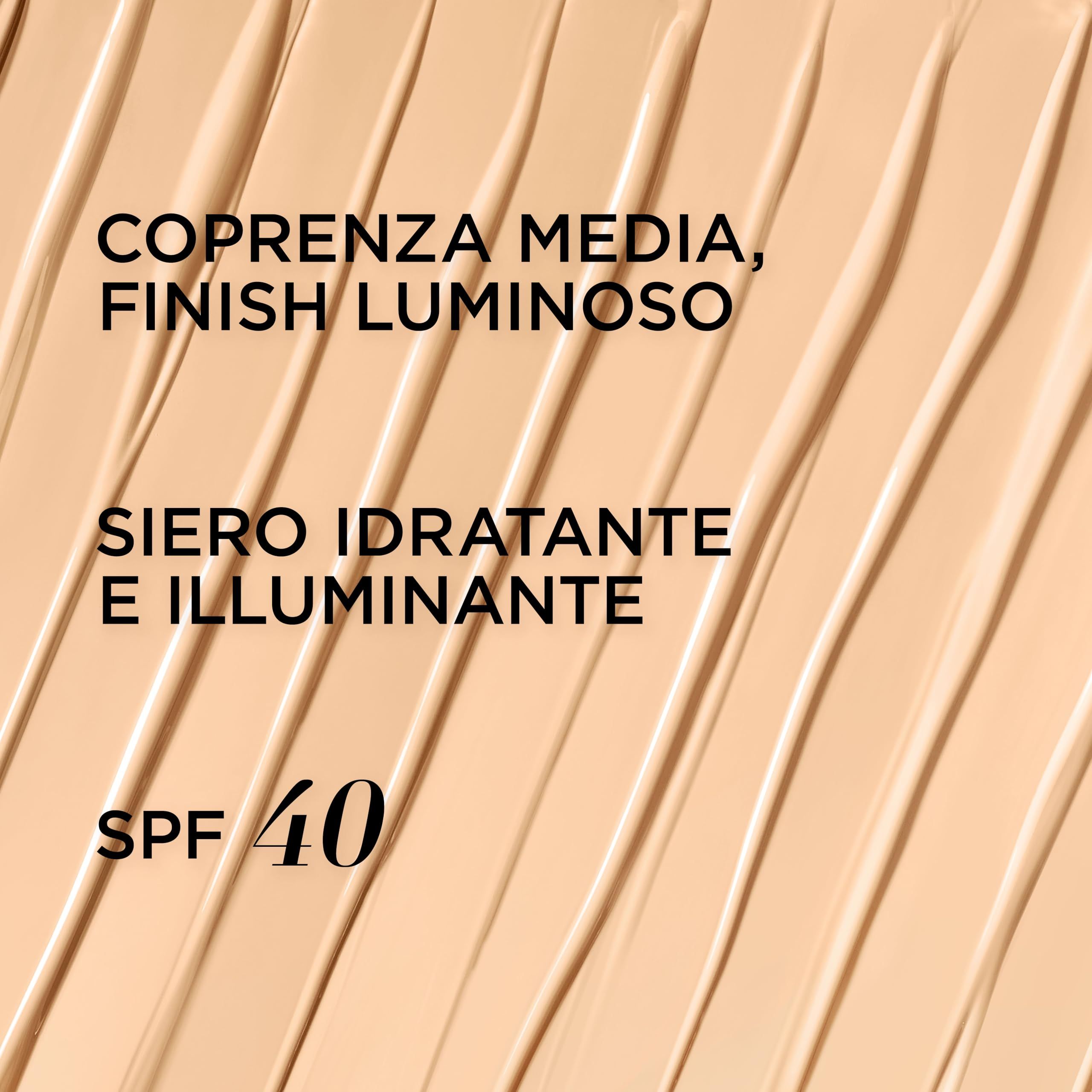 Crema strutturata. Testo: Coprenza Media, Finish Luminoso, Siero Idratante E Illuminante, SPF 40.