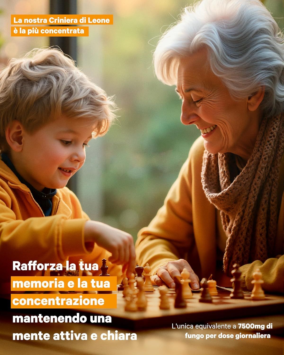 Nonna e nipote giocano a scacchi. L'estratto di criniera di leone rafforza memoria e concentrazione.