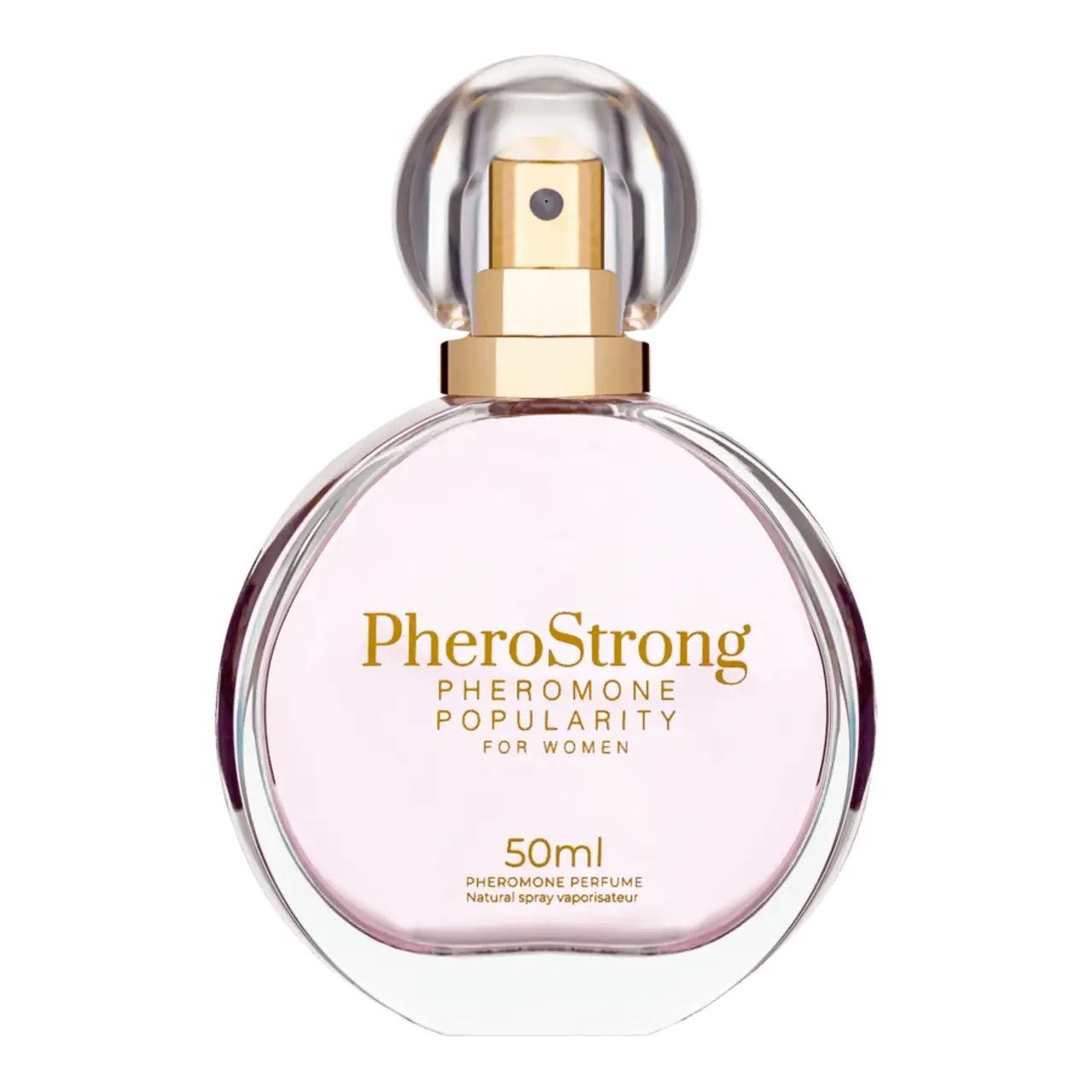 Flacone di profumo rotondo con vaporizzatore. Liquido rosa. Scritta e dettagli dorati.