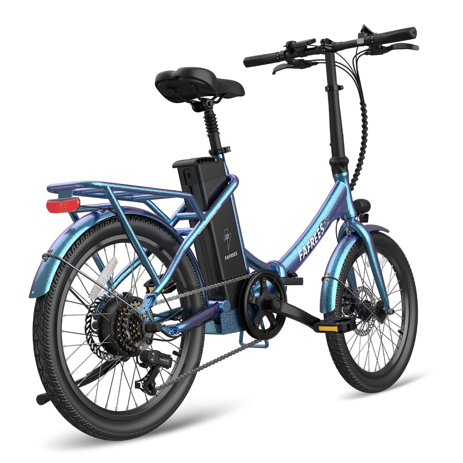 E-bike Fafrees F20 blu. Telaio pieghevole, portapacchi, freni a disco, batteria sul telaio. Pneumatici e sella neri.