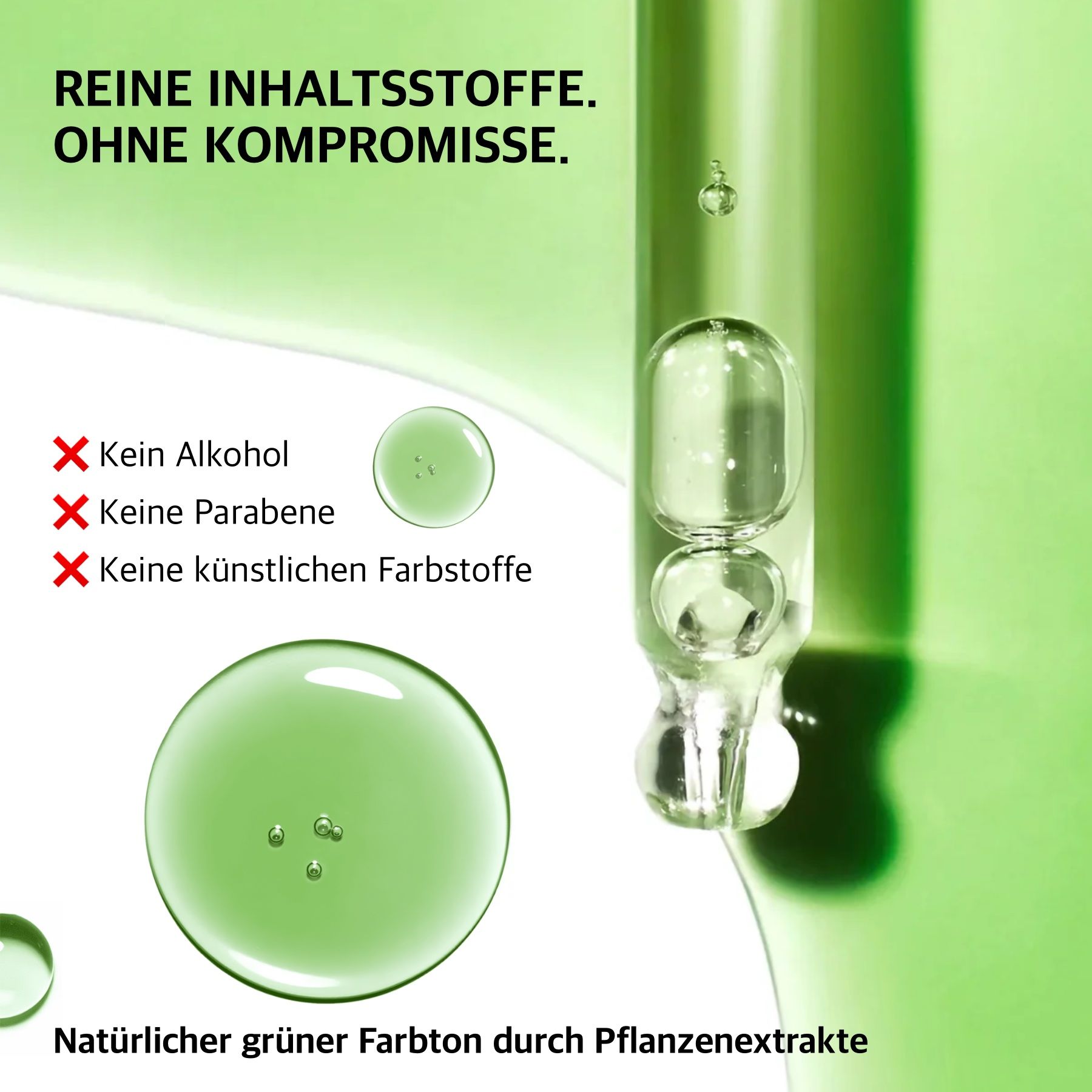 Pipetta con liquido verde. Testo: Ingredienti puri. Senza alcol, parabeni, coloranti artificiali.