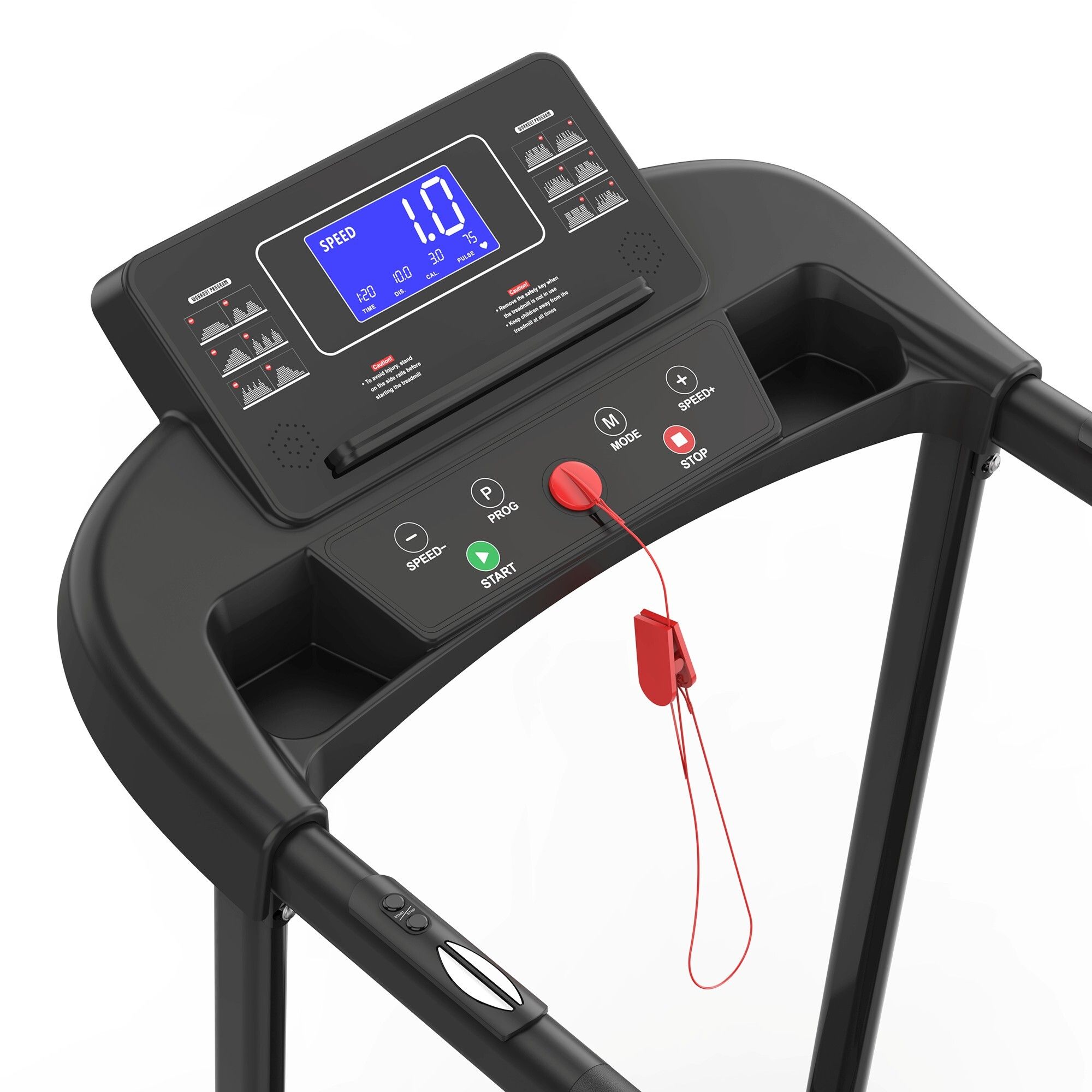 Primo piano del pannello di controllo. Ampio display LCD. Pulsante di arresto rosso. Superficie nera. Per anziani.