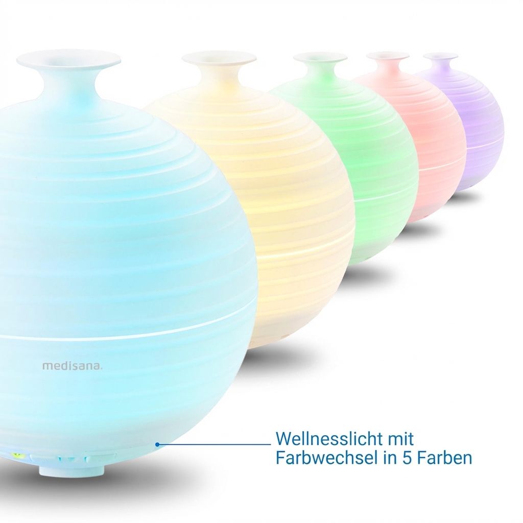 Diffusore di aromi con luce a 5 colori cangianti: blu, giallo, verde, rosa, viola.