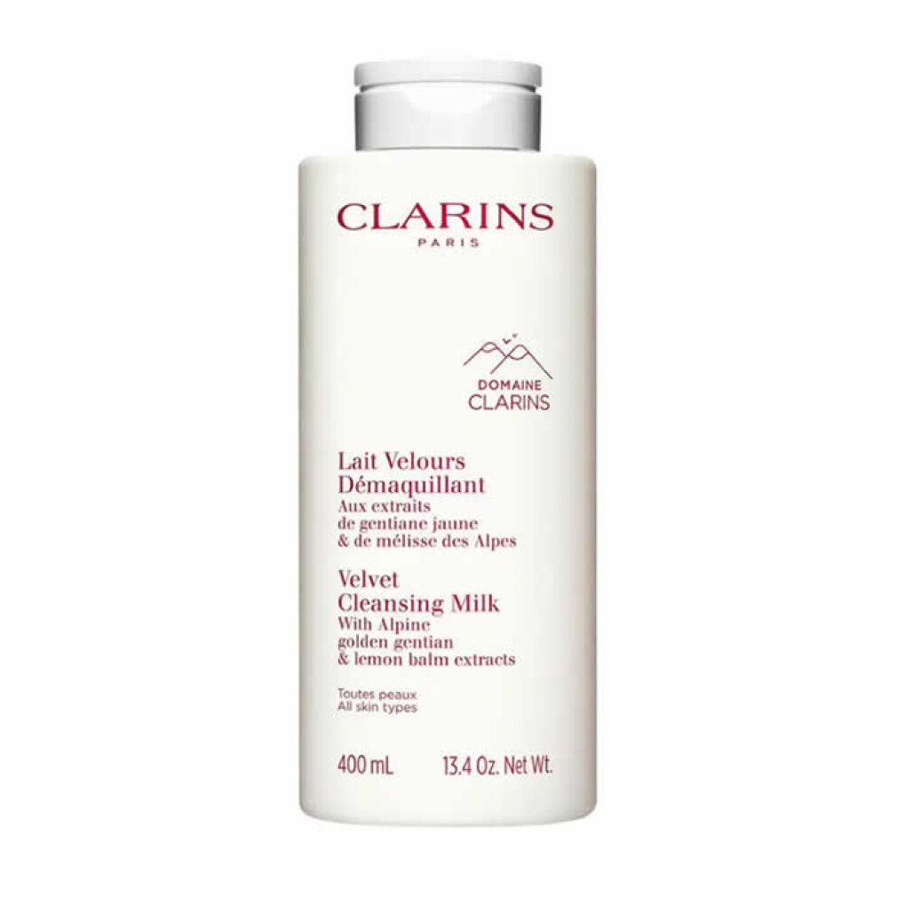 Flacone bianco con testo rosso. Clarins Paris, Lait Velours Démaquillant, Velvet Cleansing Milk. 400 ml.