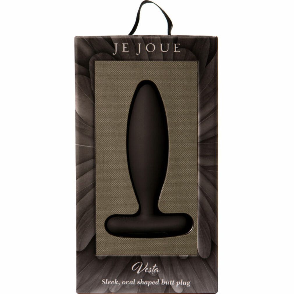 Confezione con plug anale nero. Marchio Je Joue. Nome prodotto Vesta. Testo: Sleek, oval shaped butt plug.