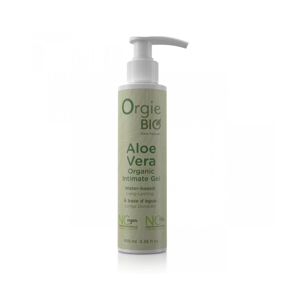 Flacone verde con dosatore. Scritta: Orgie BIO Aloe Vera Organic Intimate Gel. Sigillo vegano.