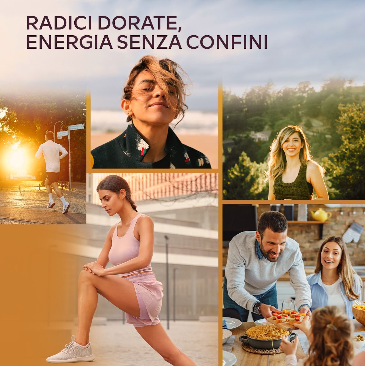 Persone in diverse situazioni. Sport, natura, cibo. Sfondo: giallo.