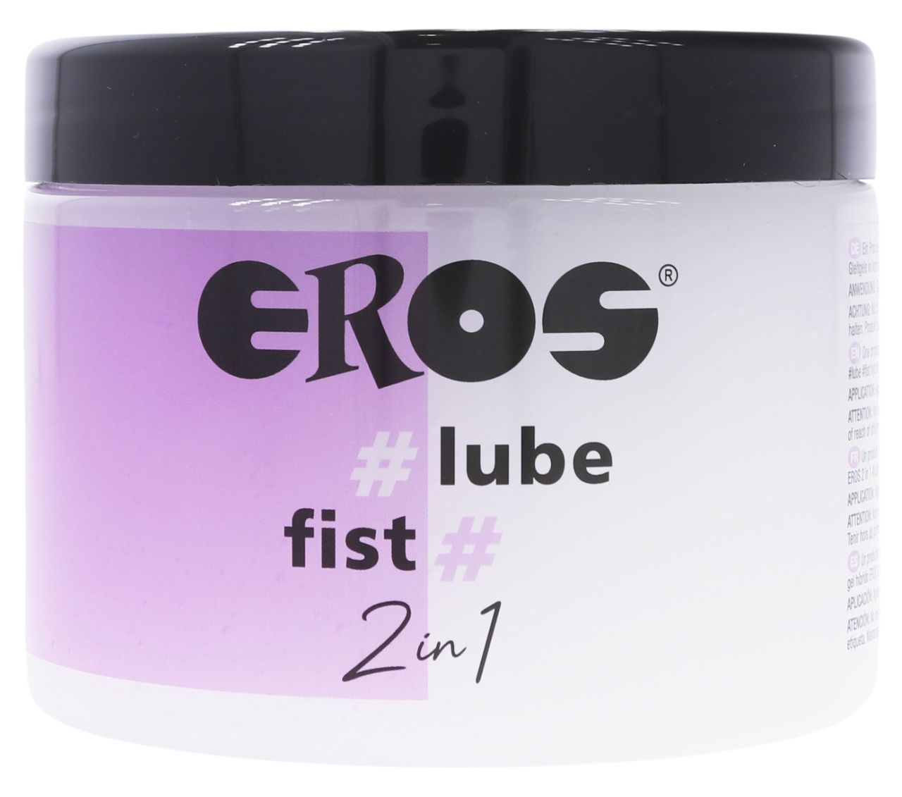 EROS 2in1 #lube fist Lubrificante ibrido in un barattolo trasparente con coperchio nero.