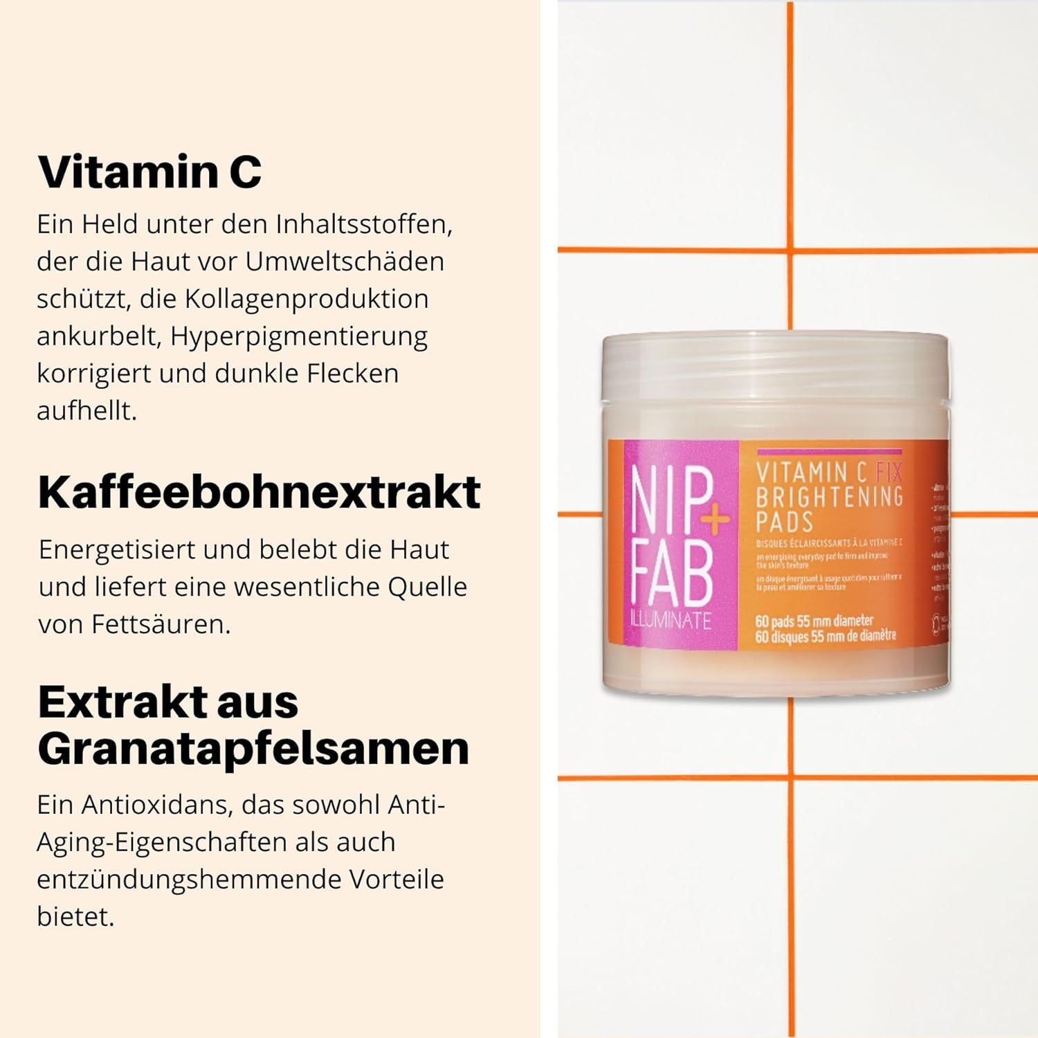 Nip+Fab Vitamin C Fix Brightening Pads. Barattolo accanto al testo. Ingredienti: vitamina C, estratto di chicchi di caffè, estratto di melograno. Testo su sfondo bianco.