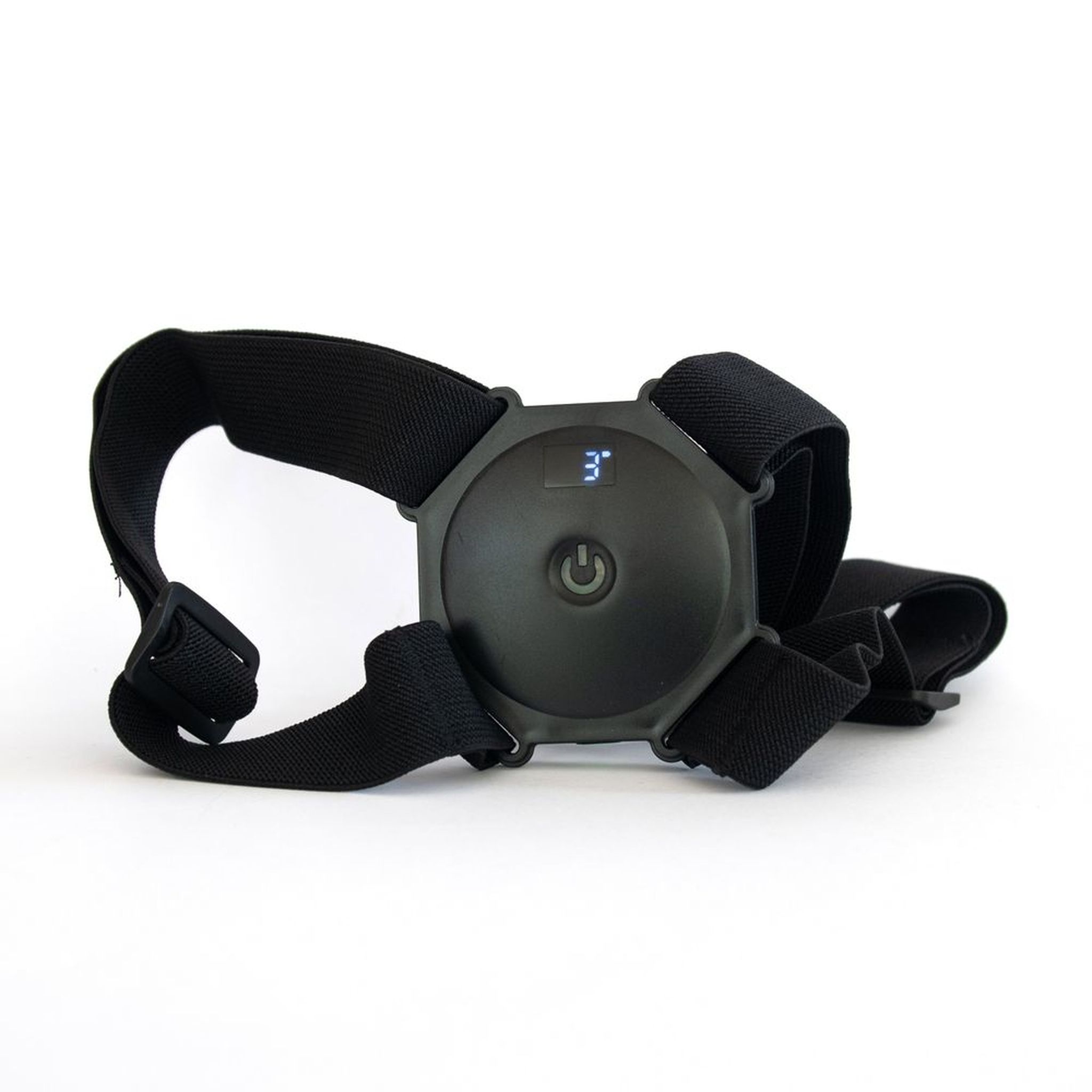 Correttore posturale nero con modulo centrale e display. Cinghie elastiche.