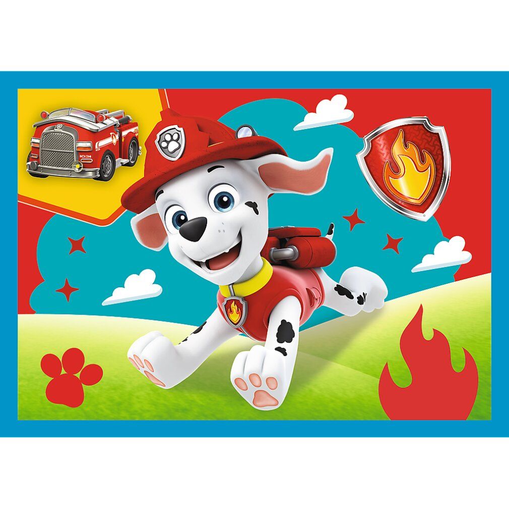 Puzzle con Marshall, un camion dei pompieri e un distintivo. Sfondo con fiamme, impronta di zampa e nuvole. Bordo blu.