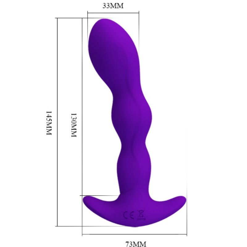Plug anale viola, forma curva. Dimensioni: 145mm x 73mm x 33mm.
