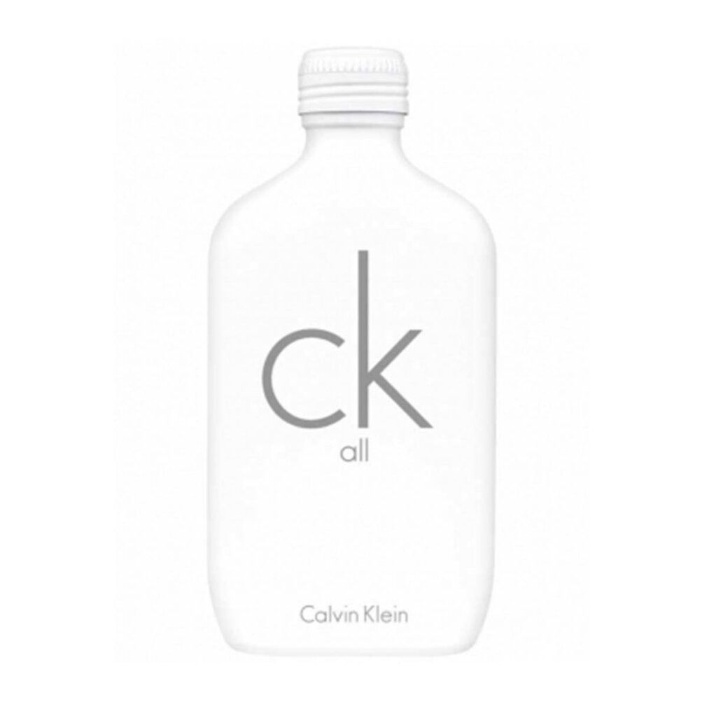 Flacone di eau de toilette bianco. Scritta: ck all, Calvin Klein. Forma del flacone: rettangolare, angoli arrotondati.