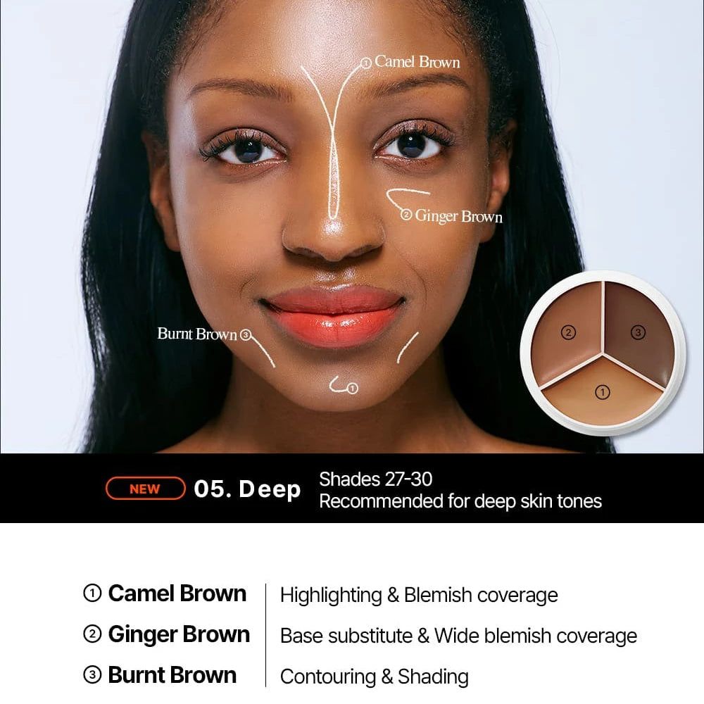 Donna dalla pelle scura con aree tracciate per l'applicazione del correttore. Trio di correttori con Camel Brown, Ginger Brown e Burnt Brown.