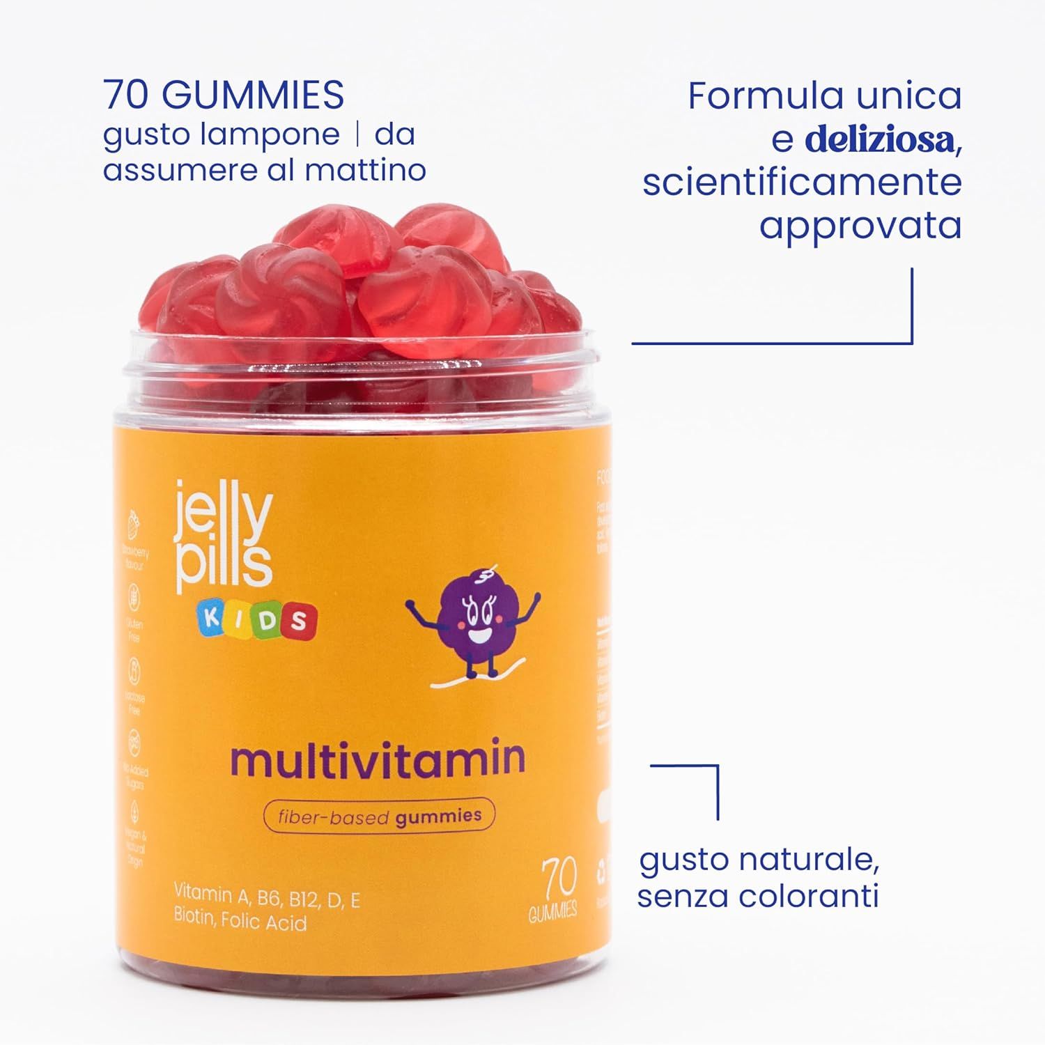 Barattolo di caramelle gommose multivitaminiche. 70 caramelle gommose. Gusto naturale, senza coloranti. Formula unica e deliziosa.