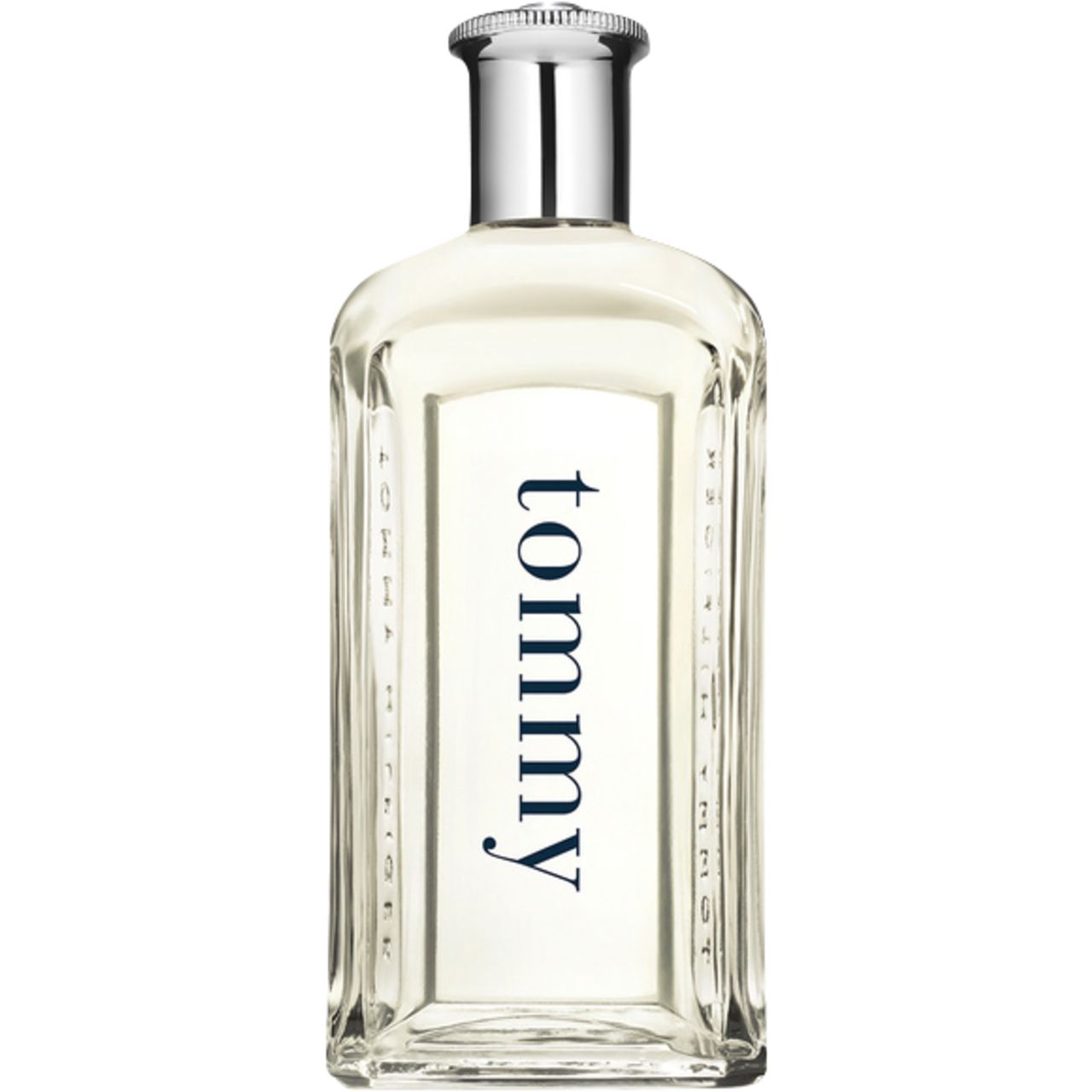 Flacone Eau de Toilette. Flacone rettangolare con tappo argentato. Scritta blu "tommy" sul davanti.