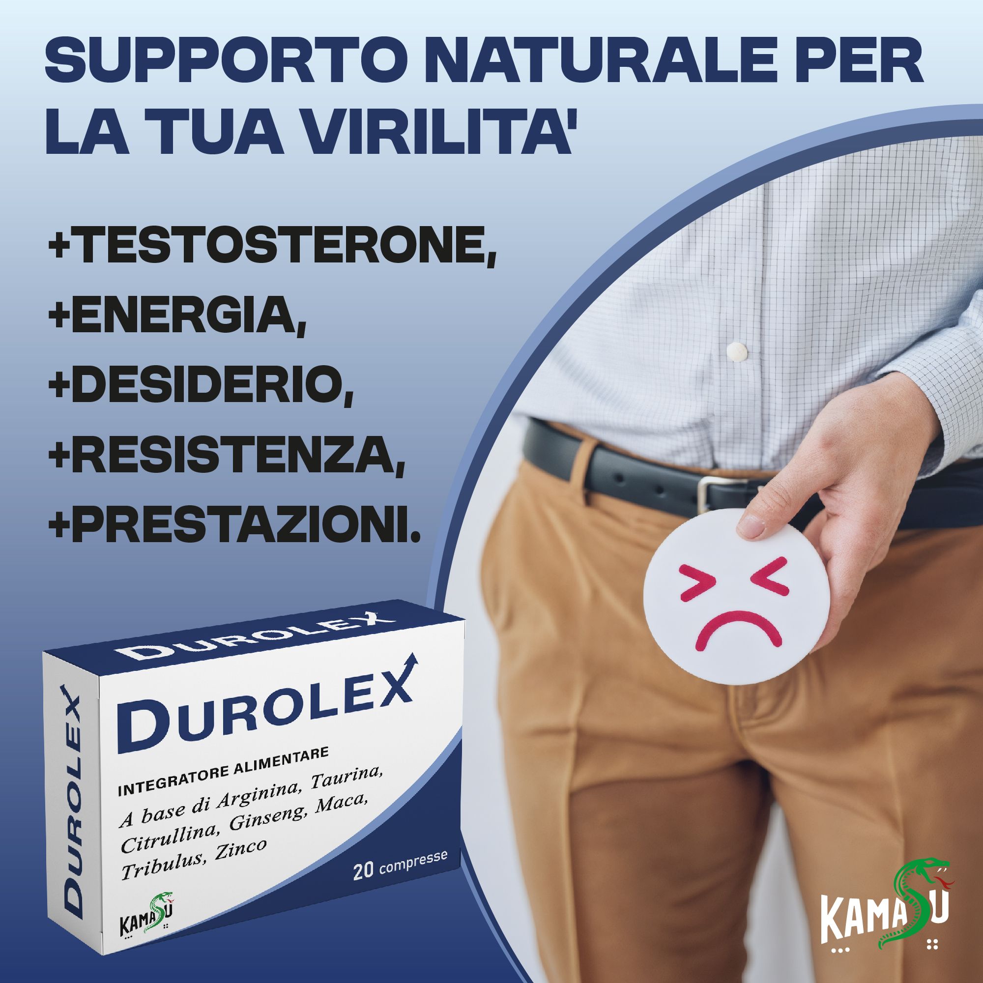 Scatola Durolex con testo e uomo. Logo Kamasù.