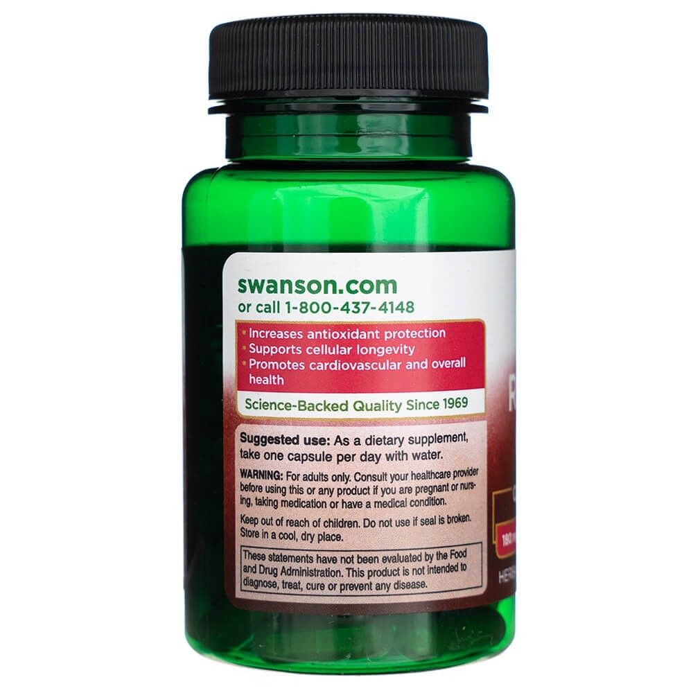 Retro di una bottiglia Swanson Resveratrol Complex con benefici del prodotto e informazioni sulla qualità.