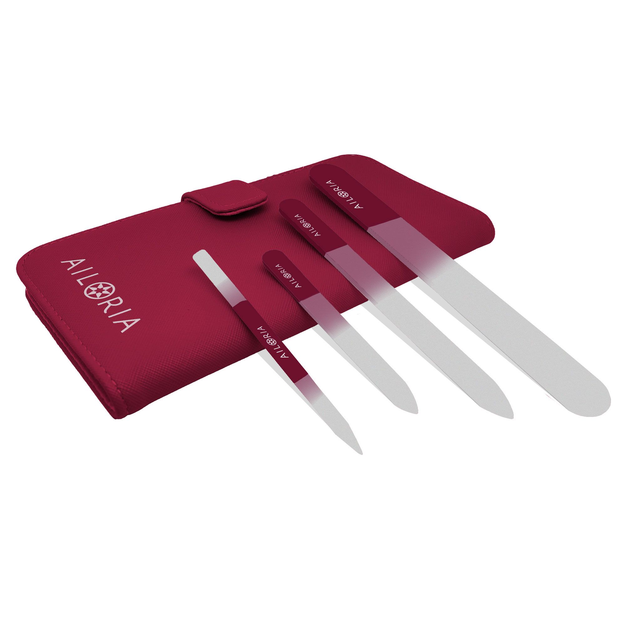 Set di lime per unghie con custodia bordeaux. Le lime hanno manici bordeaux con il marchio AILORIA.