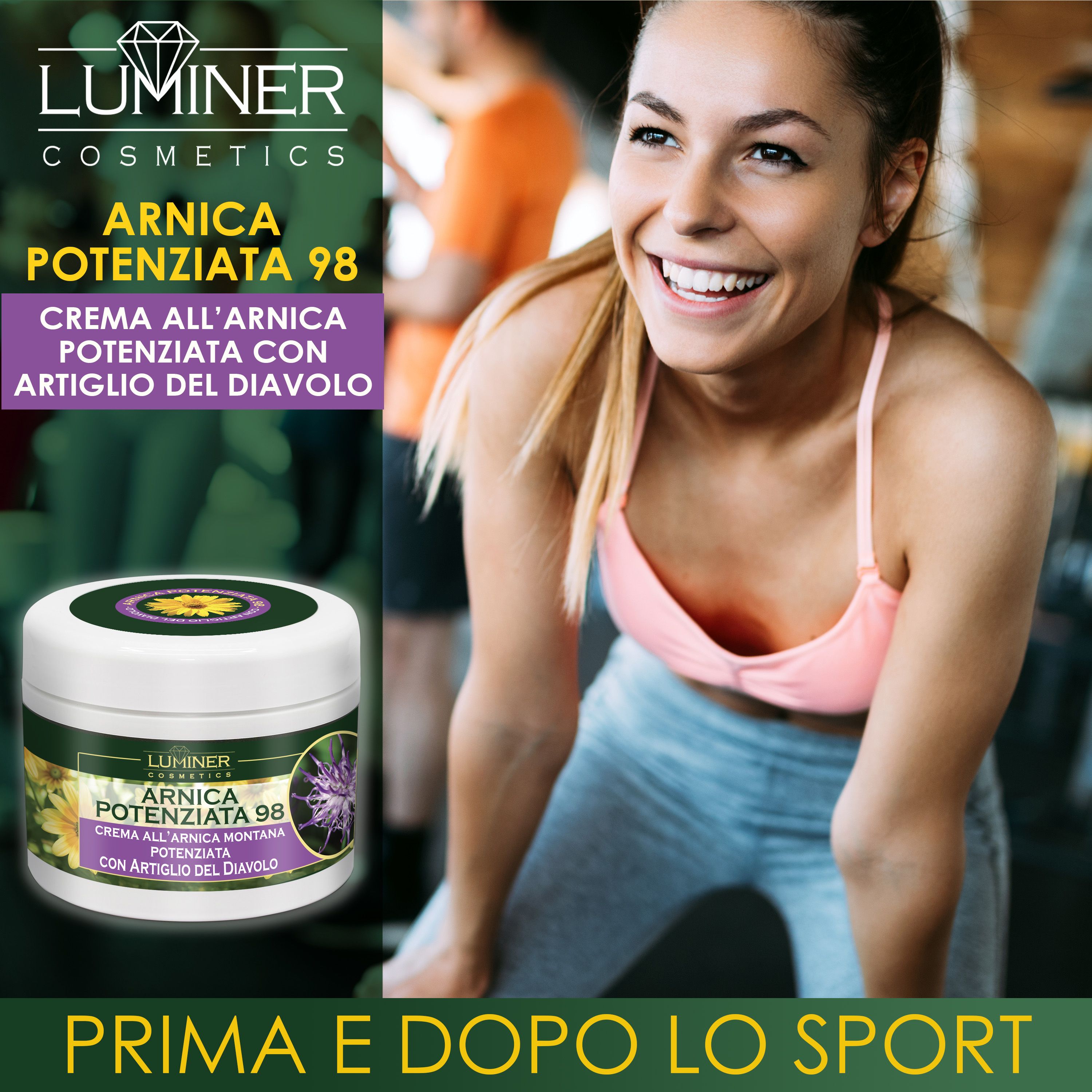 Donna sorridente dopo lo sport. Accanto, un vasetto di LUMINER ARNICA POTENZIATA 98.