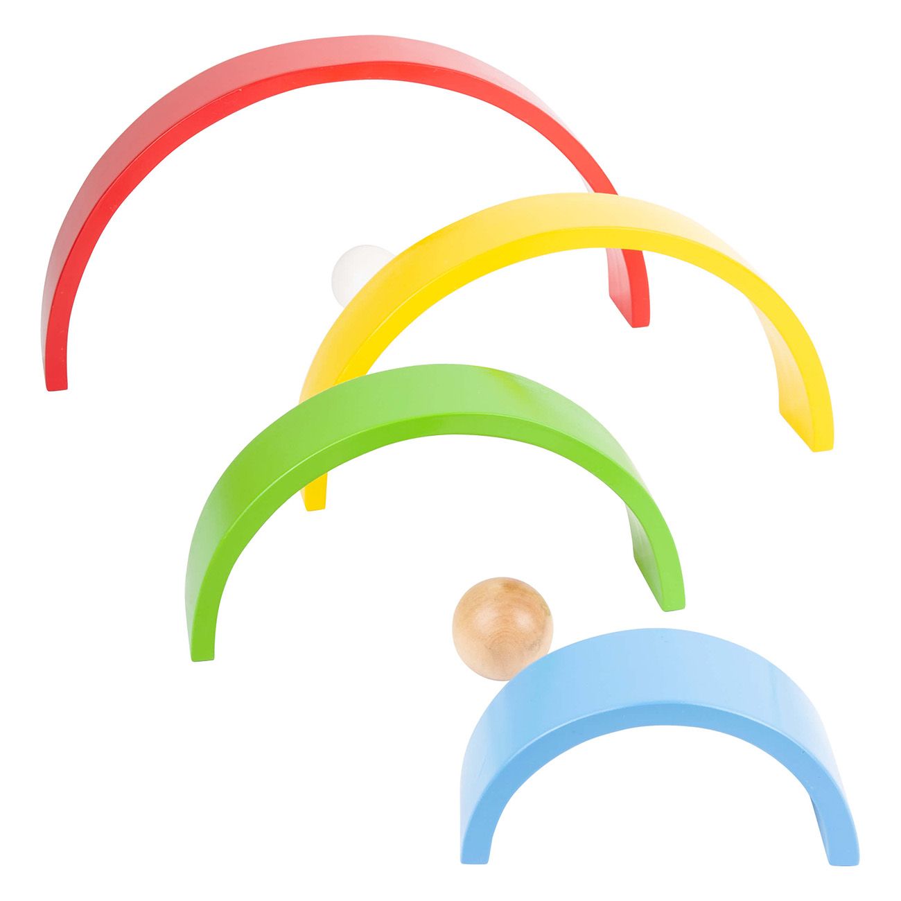 Blocchi di legno ad arco multicolore. Archi singoli rossi, gialli, verdi e blu. Due sfere di legno.