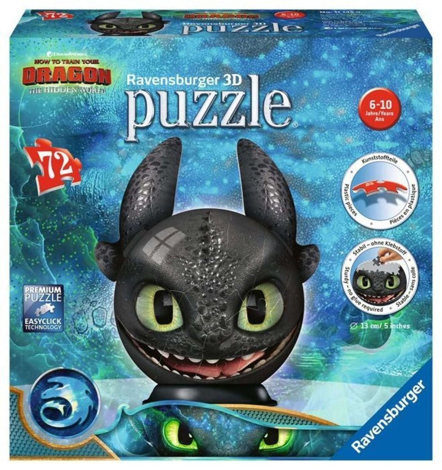 Puzzle 3D Ravensburger, 72 pezzi. Testa di drago nero con occhi verdi, su confezione. Età consigliata 6-10 anni.